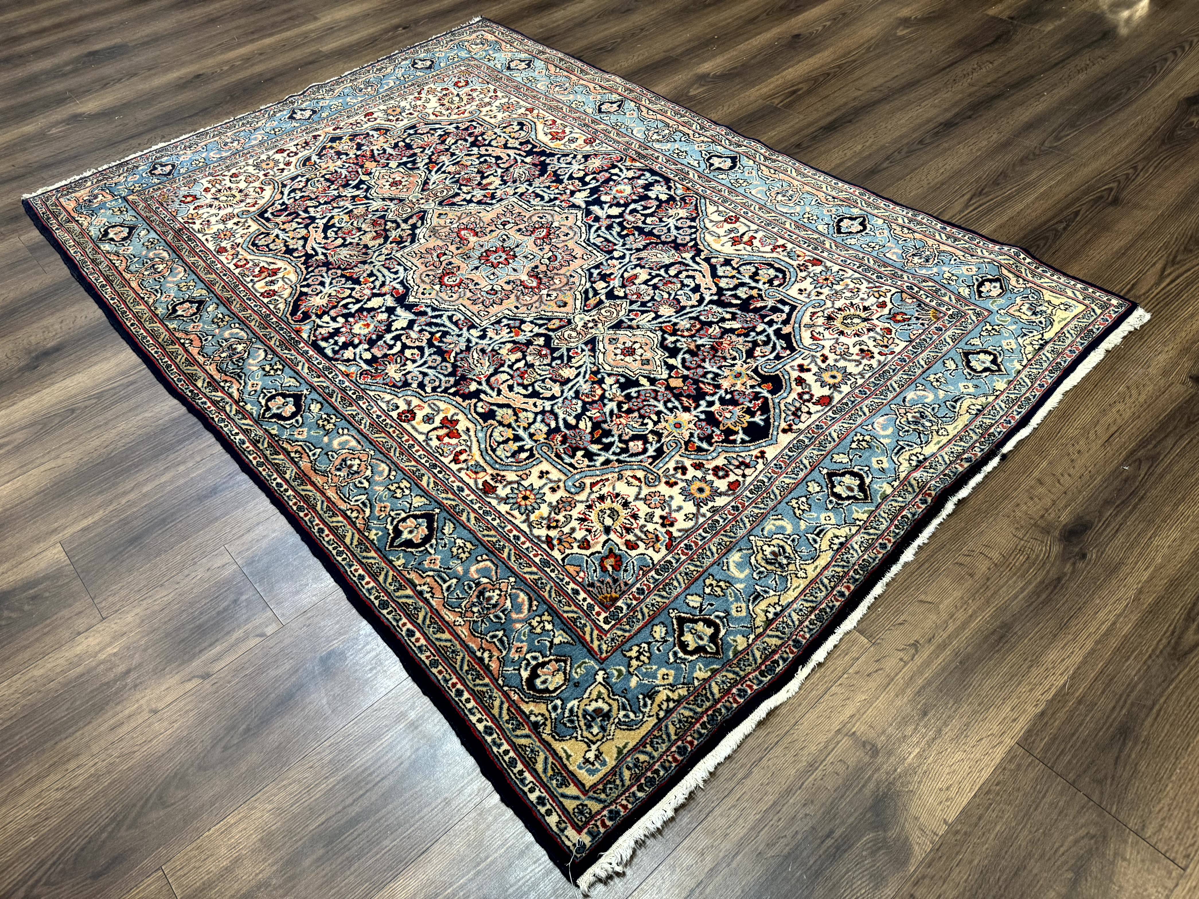 Persian Qum Rug 5x7 in Navy Light Blue and Ivory, Wool wilh Silk Highlights, 225 KPSI - Jewel Rugs