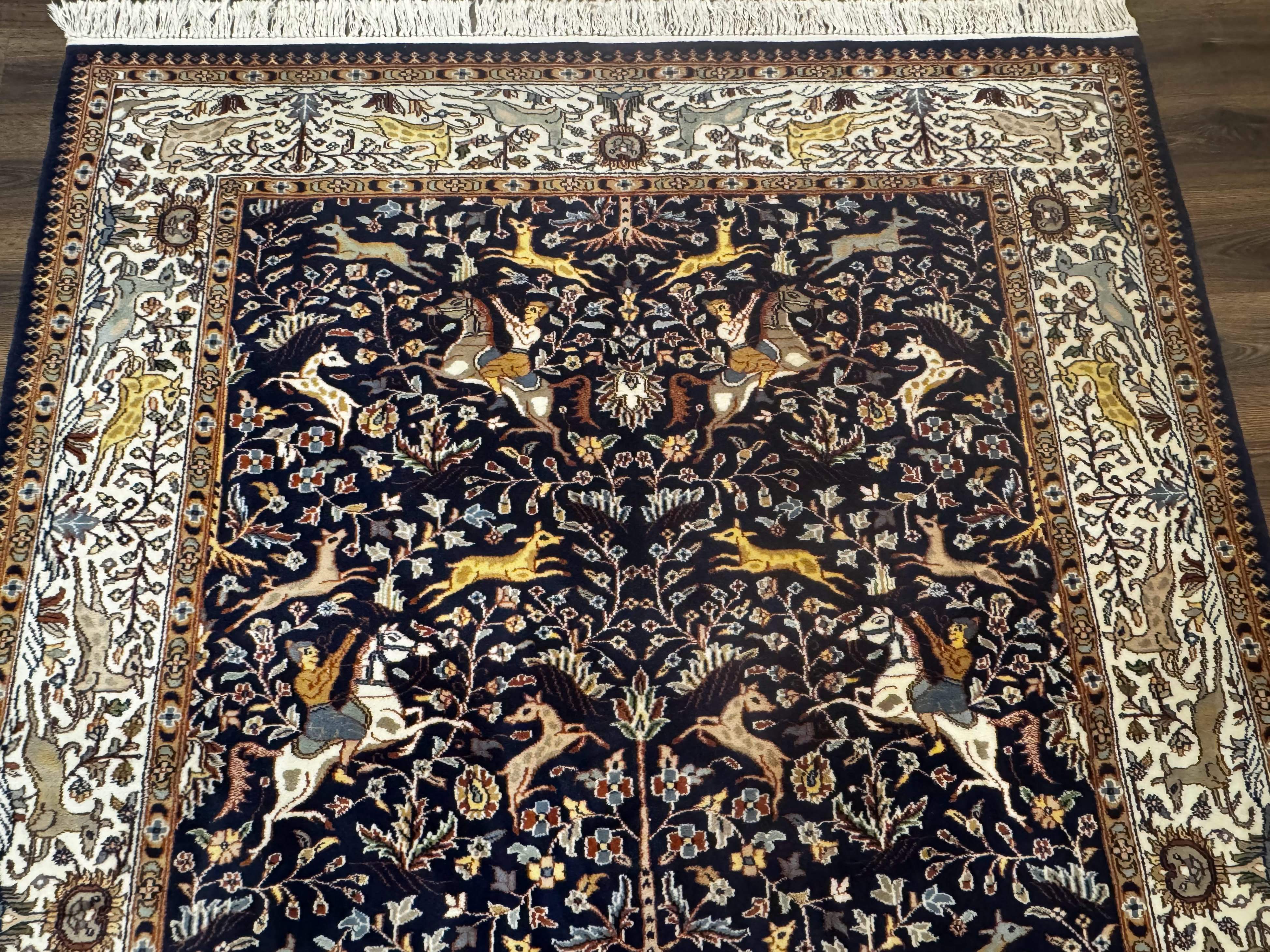 Indian Kashmiri Rug 6x9, Navy Blue and Ivory, Tree of Life, Hunting Design, Animal Pictorials, Horse Deer - Jewel Rugs