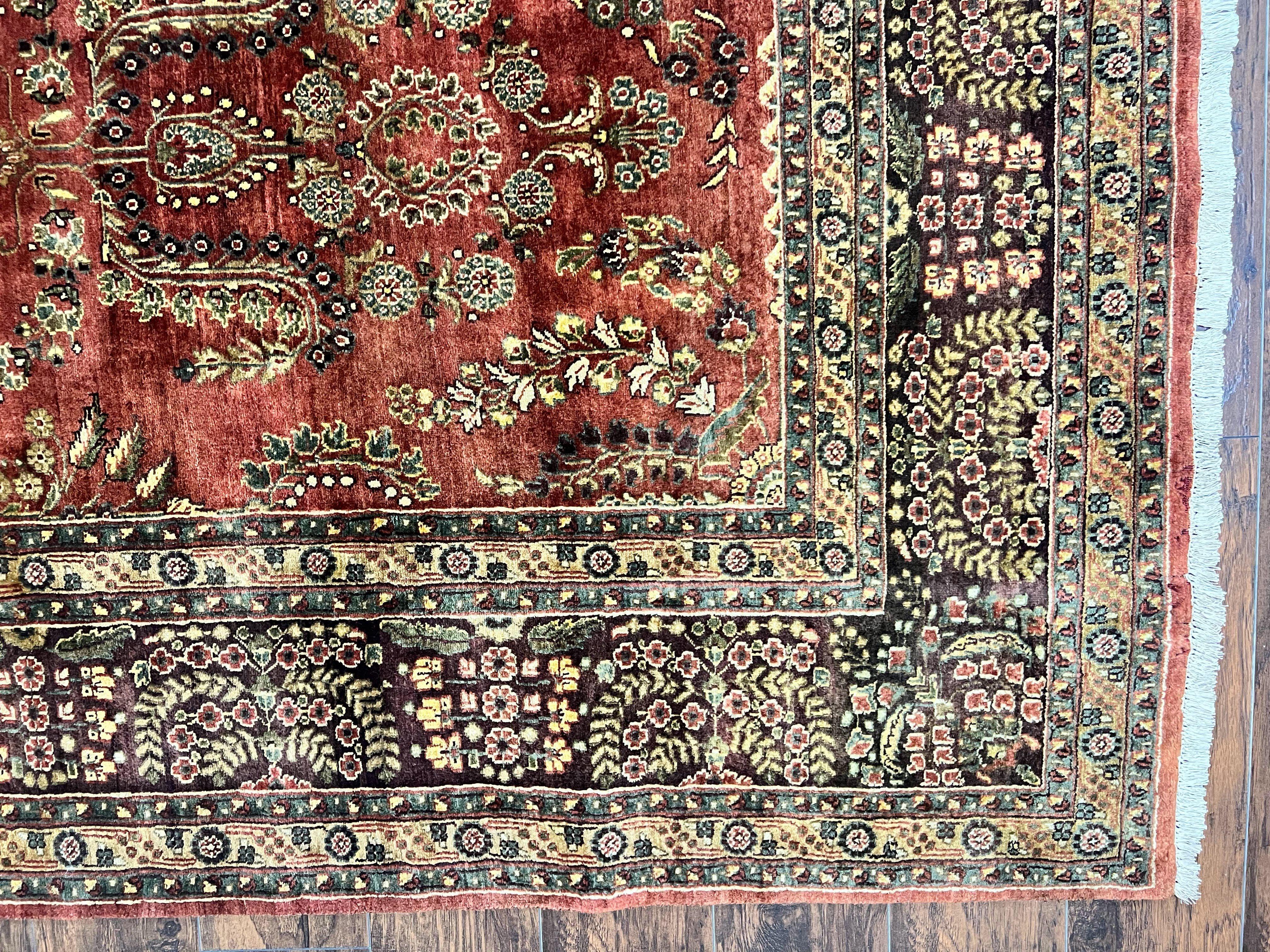 Indo Persian Sarouk Rug 8x10, Indian Oriental Carpet 8 x 10 ft, Red Handmade Wool Fine Floral Allover Vintage Rug, Traditional Rug - Jewel Rugs