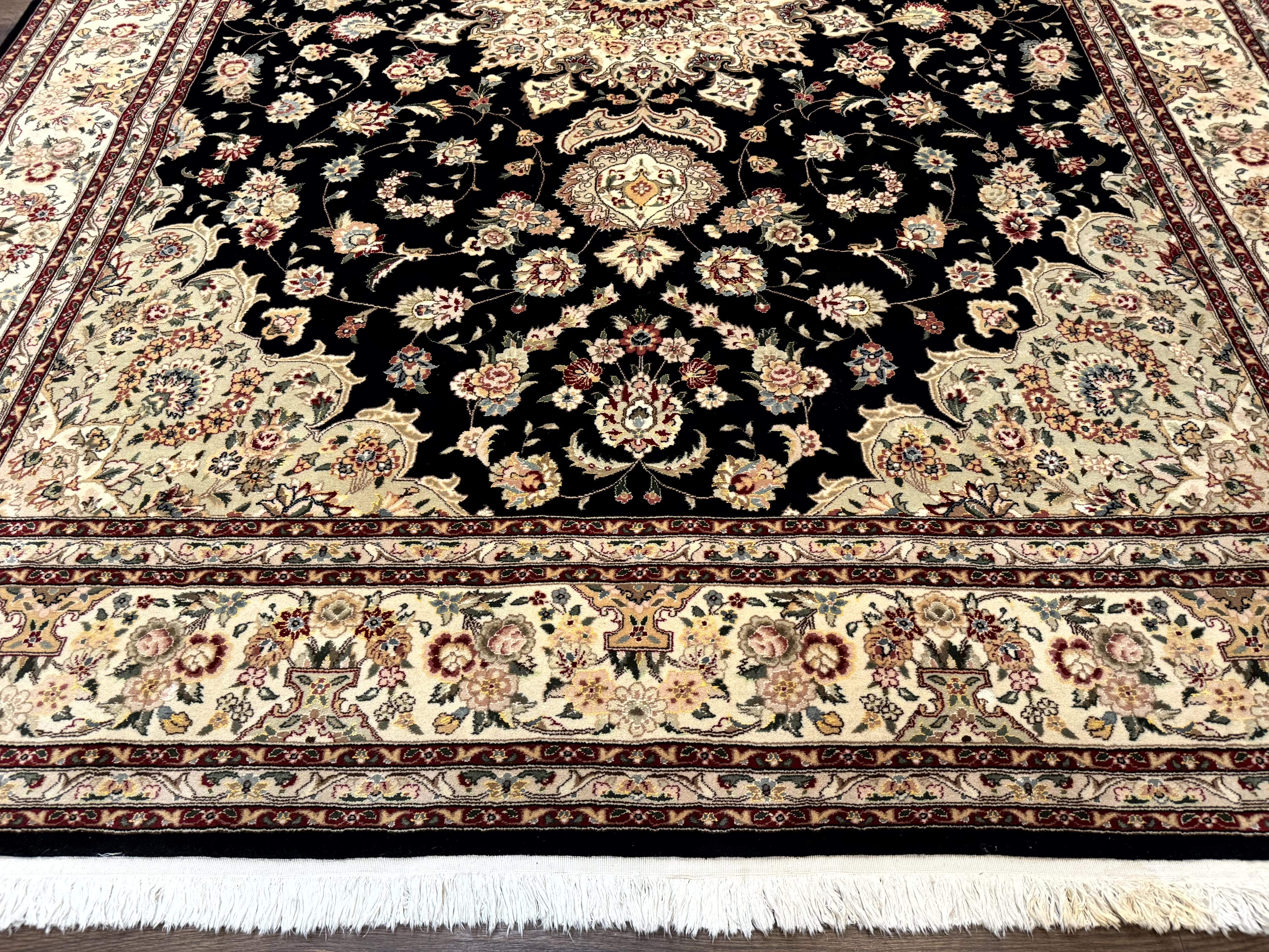 Sino Persian Rug 9x12, Black and Beige, Floral Medallion, Wool & Silk, Handmade - Jewel Rugs