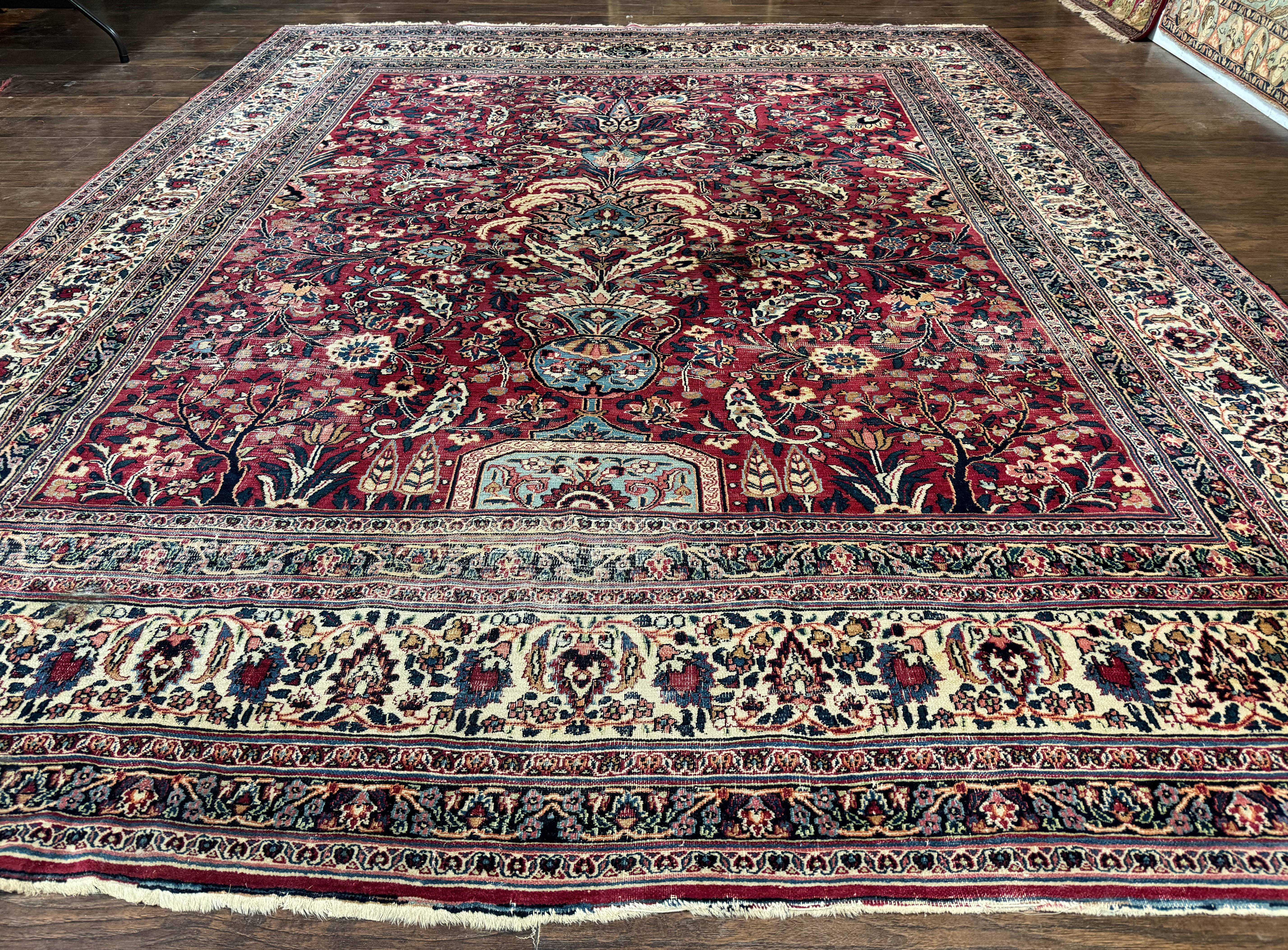 Antique Persian Mashad Rug 10x12, Red and Ivory, Signed by Master Weaver - Jewel Rugs