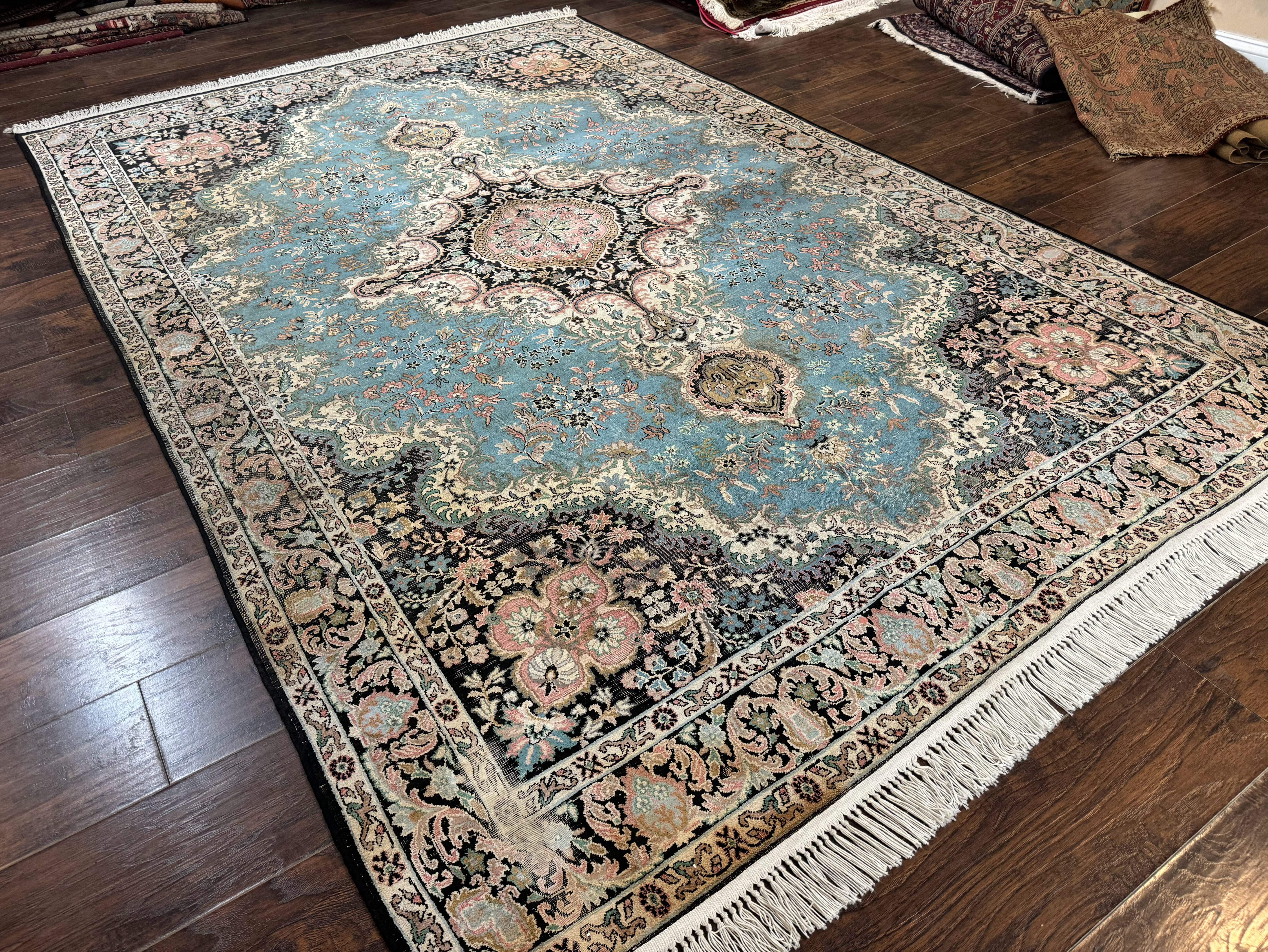 Silk Indian Kashmiri Rug 7x10 – Light Blue, Handmade Vintage Carpet, Low Pile - Jewel Rugs