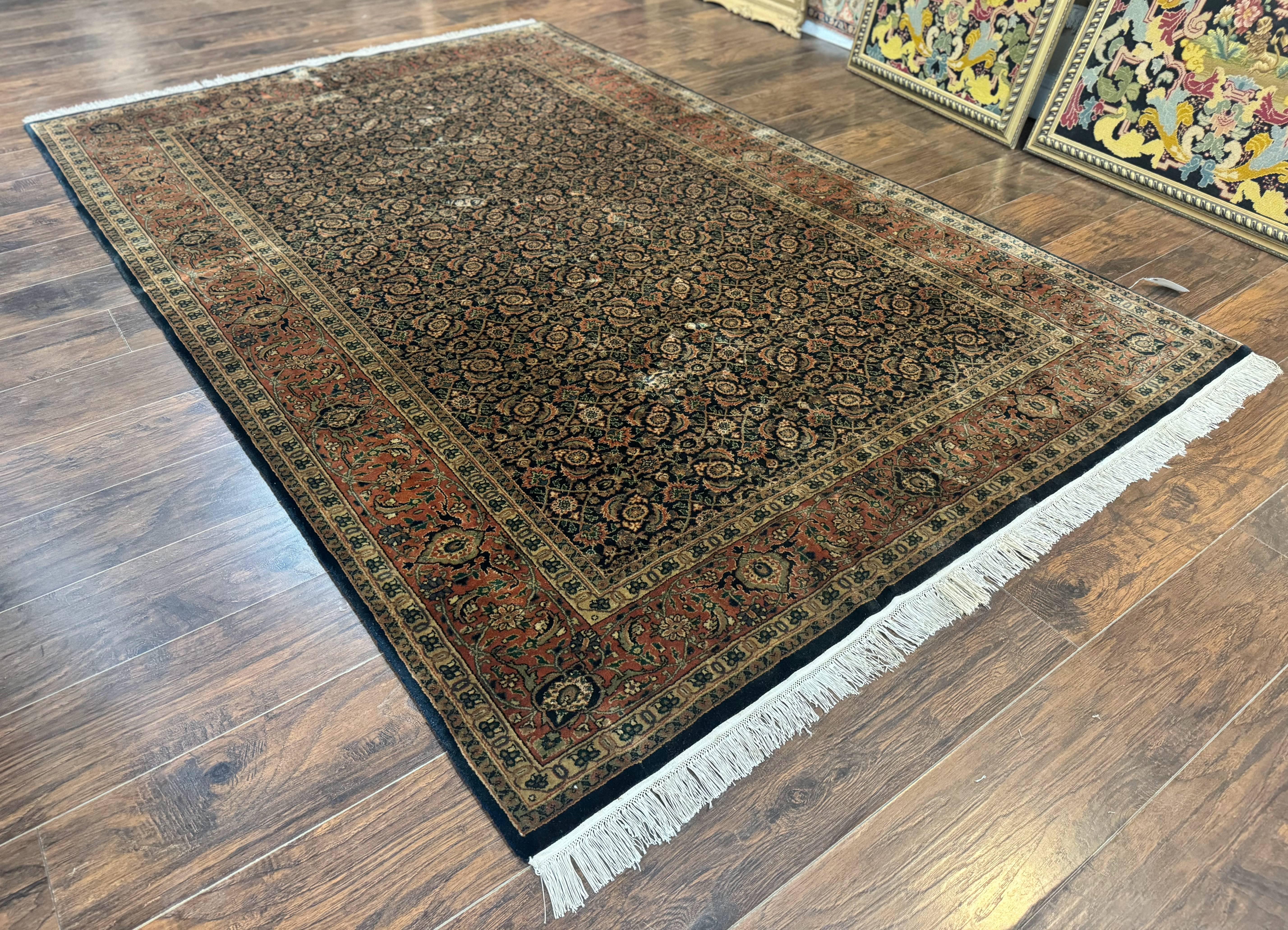 Indo Persian Rug 6x9, Navy Blue and Red, Vintage Handmade Wool Traditional Carpet - Jewel Rugs