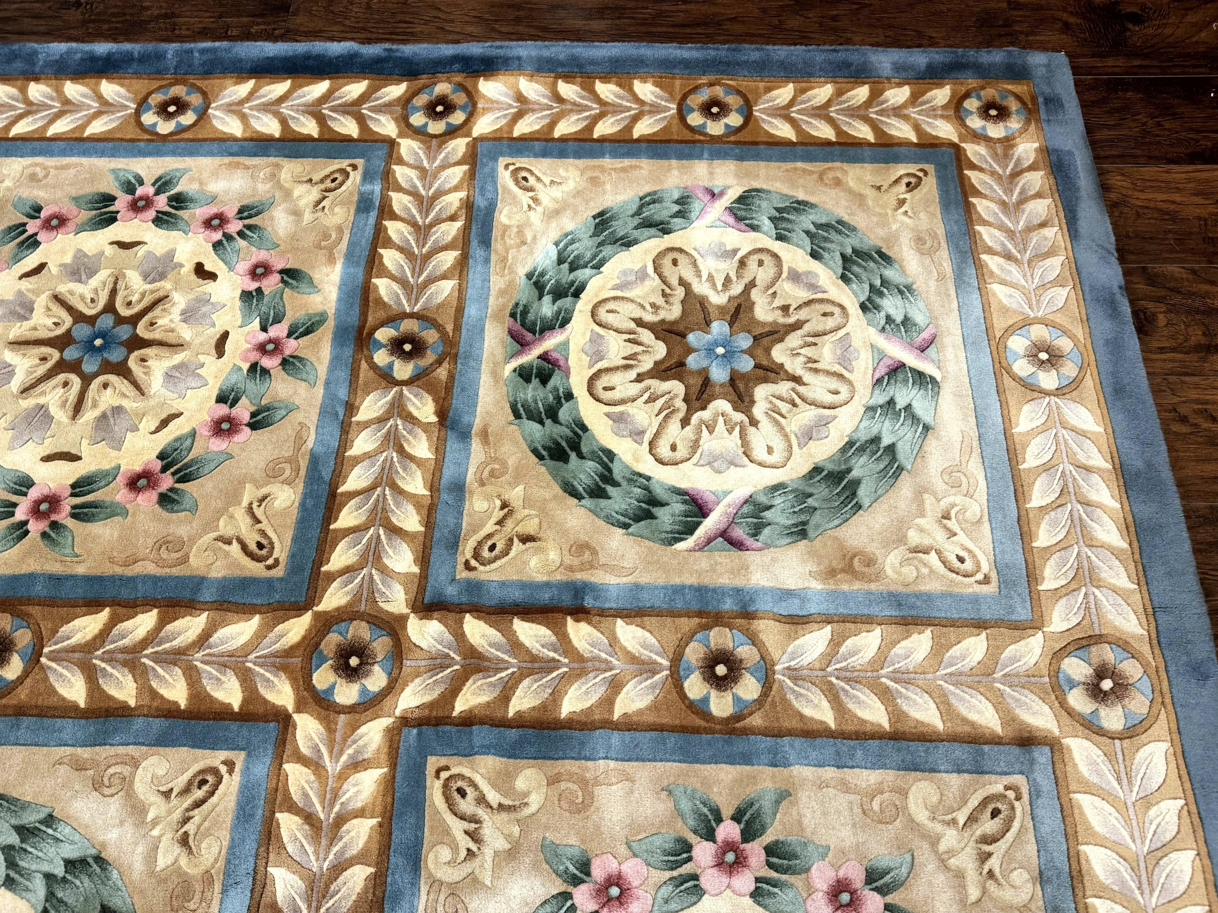 Chinese Aubusson Wool Rug 10x13, European Panel Design, Elegant Carpet, Vintage Handmade Plush Wool Pile Carpet, 90 Line Rug, Tan - Jewel Rugs