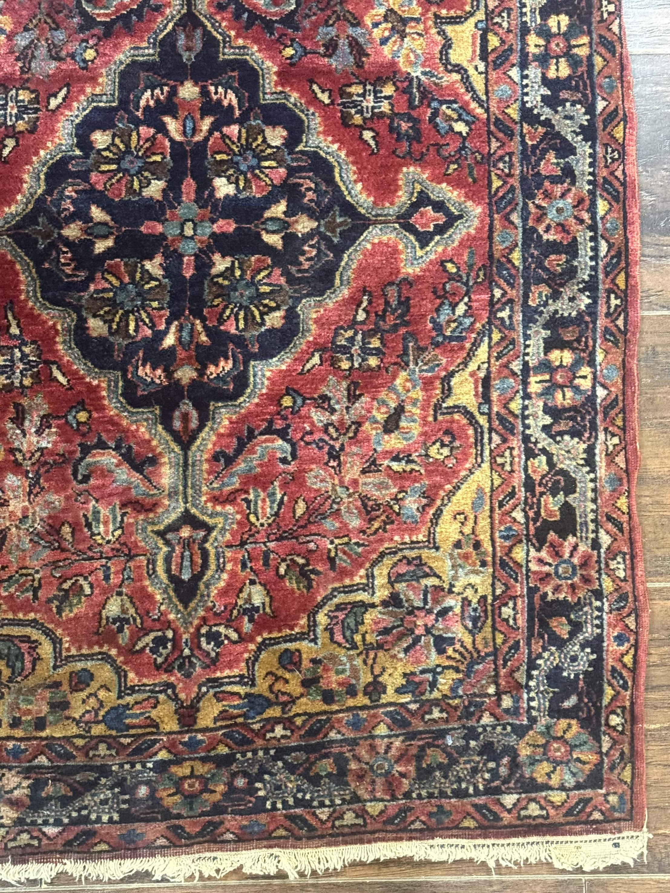 Persian Sarouk Rug 2x3 – Red and Navy, Small Hand-Knotted Wool Antique Accent Rug - Jewel Rugs