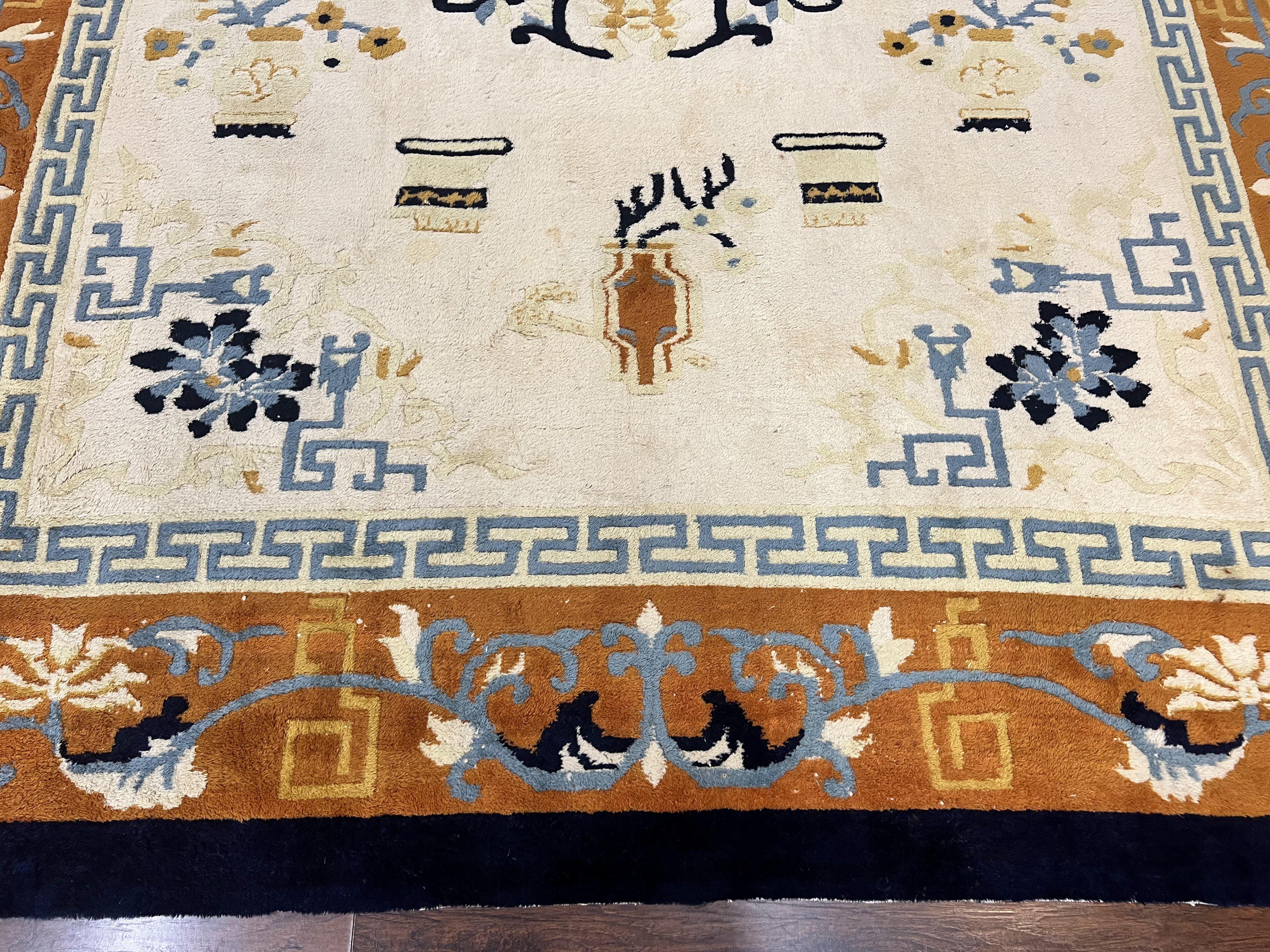 Indo Chinese Rug 9x12, Asian Oriental Carpet 9 x 12, Cream & Burnt Orange, Handmade Wool Vintage Art Deco Rug - Jewel Rugs