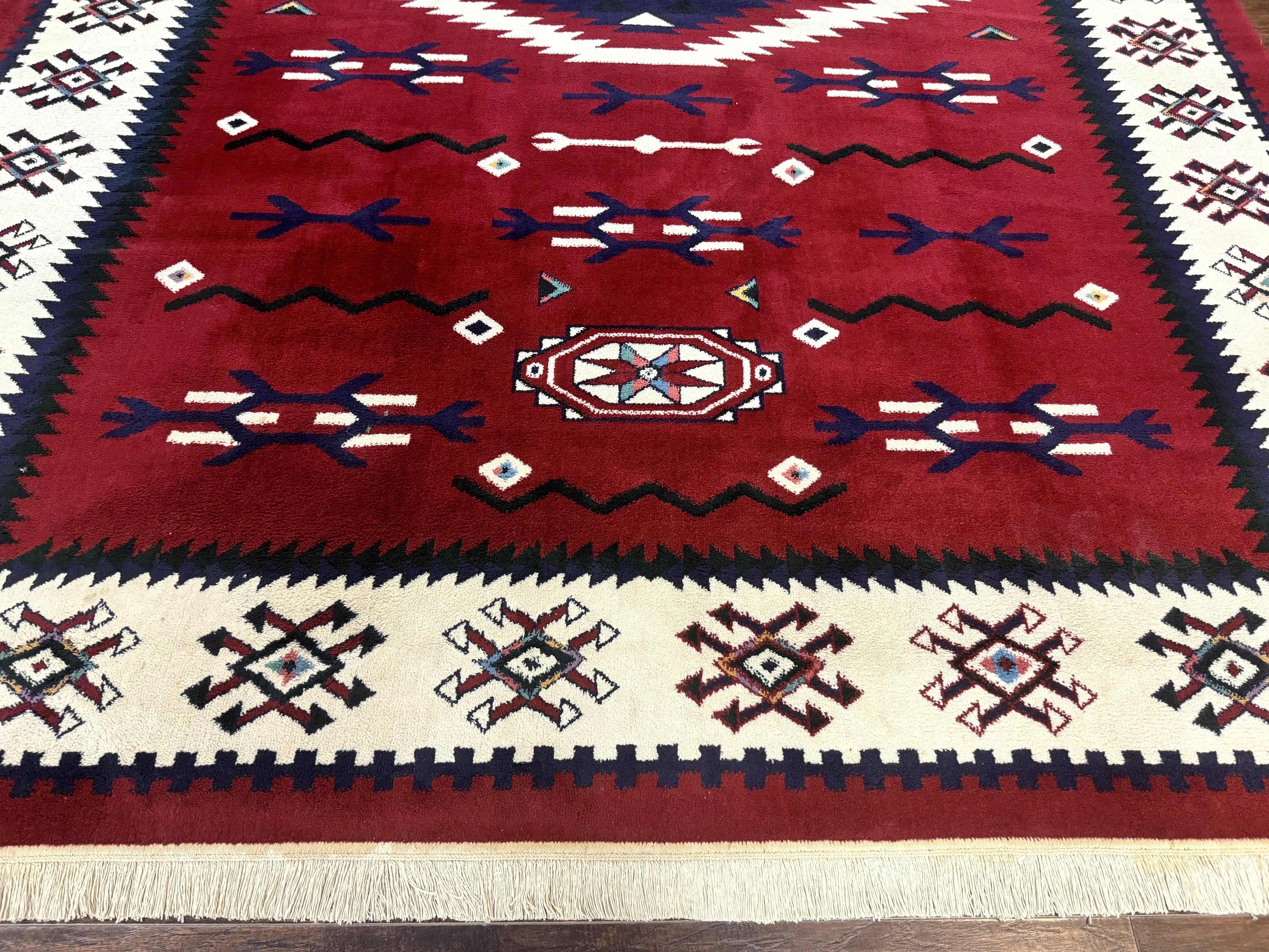 Belgium Power Loomed Rug 8x11, Navajo Native American Design, Dark Red and Ivory, Tribal Rug, Bohemian Carpet - Jewel Rugs