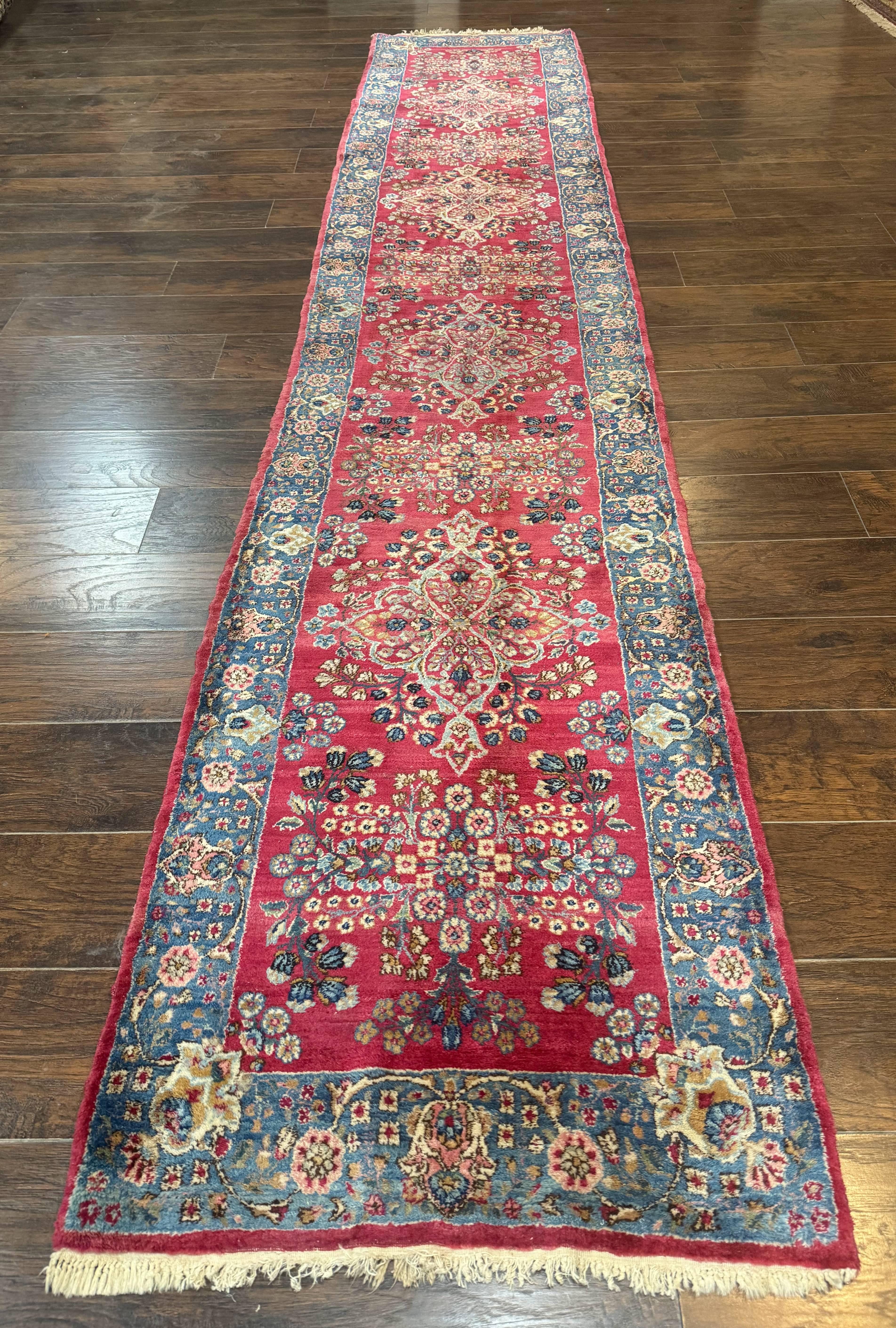 Persian Kerman Runner Rug 2.8 x 14, Red Handmade Wool Oriental Runner Carpet, Floral, 250 KPSI - Jewel Rugs