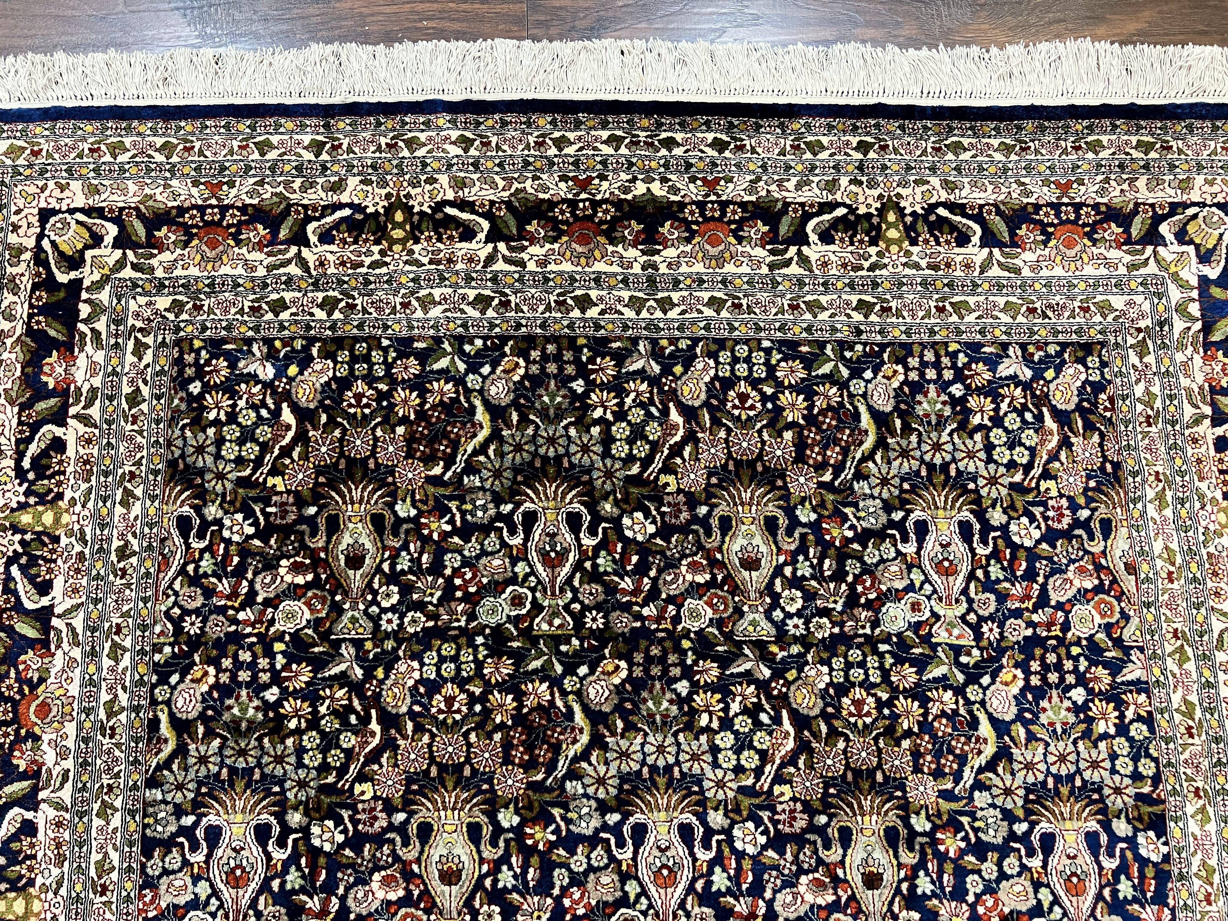Silk Indian Kashmiri Rug 5x7, Navy Blue Indo Persian Silk Carpet 5 x 7 ft, Hand Knotted Handmade Very Fine Oriental Carpet, 450 KPSI, Birds - Jewel Rugs