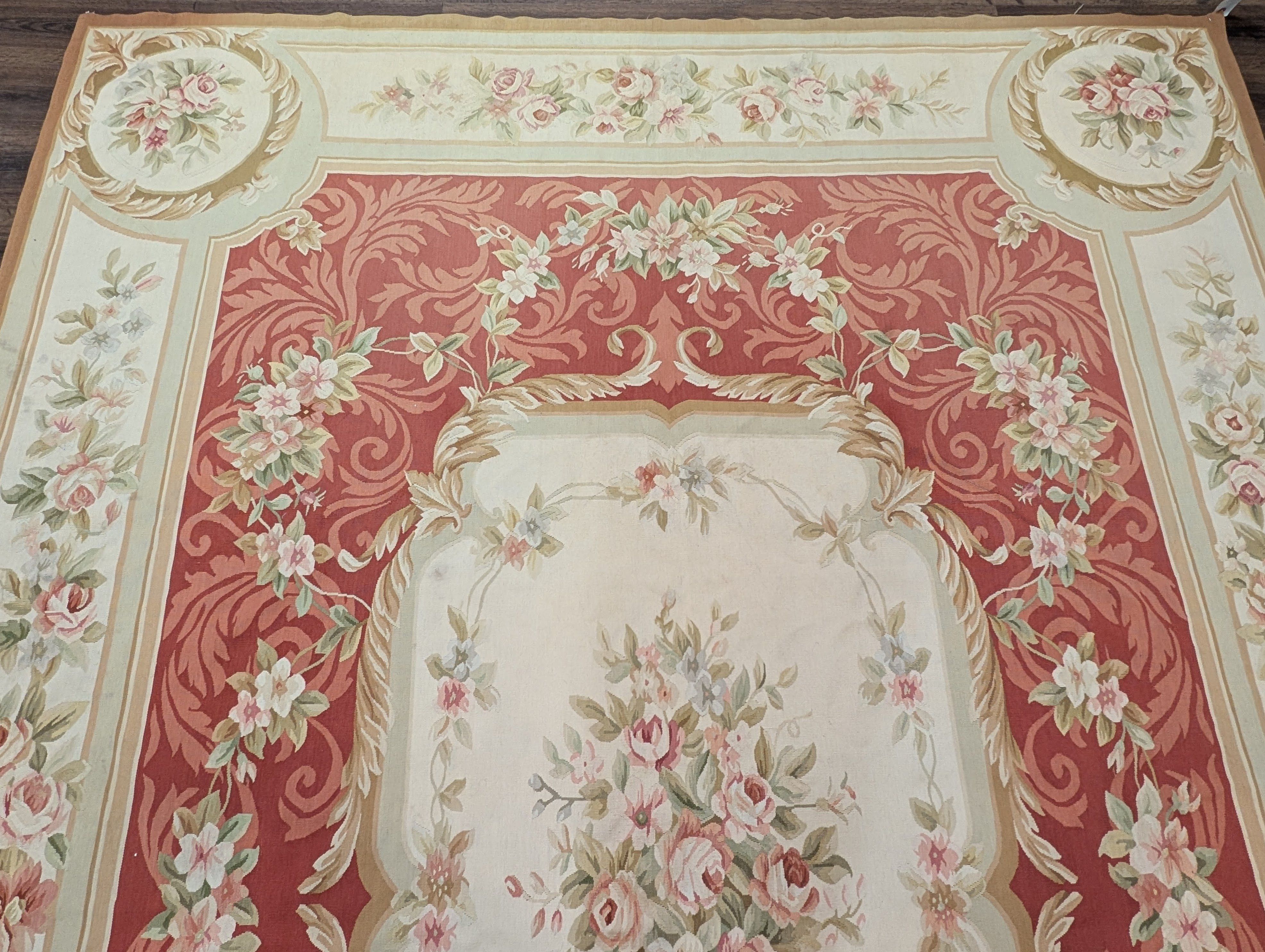 Aubusson Rug 9x12, Red and Ivory, Handwoven French European Floral Carpet - Jewel Rugs