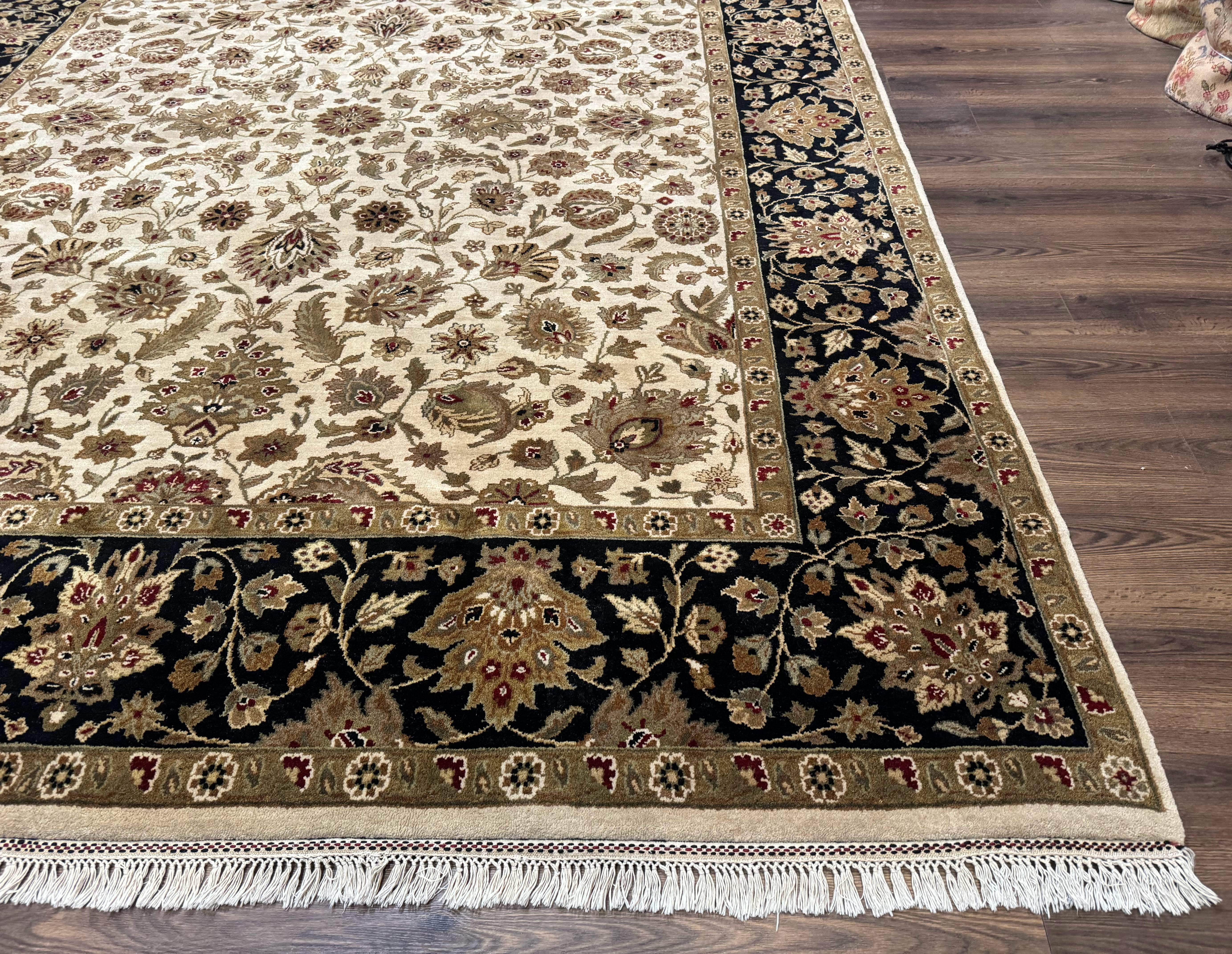 Indo Persian Mahal Rug 9x12, Cream and Black, Hand Knotted Wool Traditional Oriental Carpet - Jewel Rugs