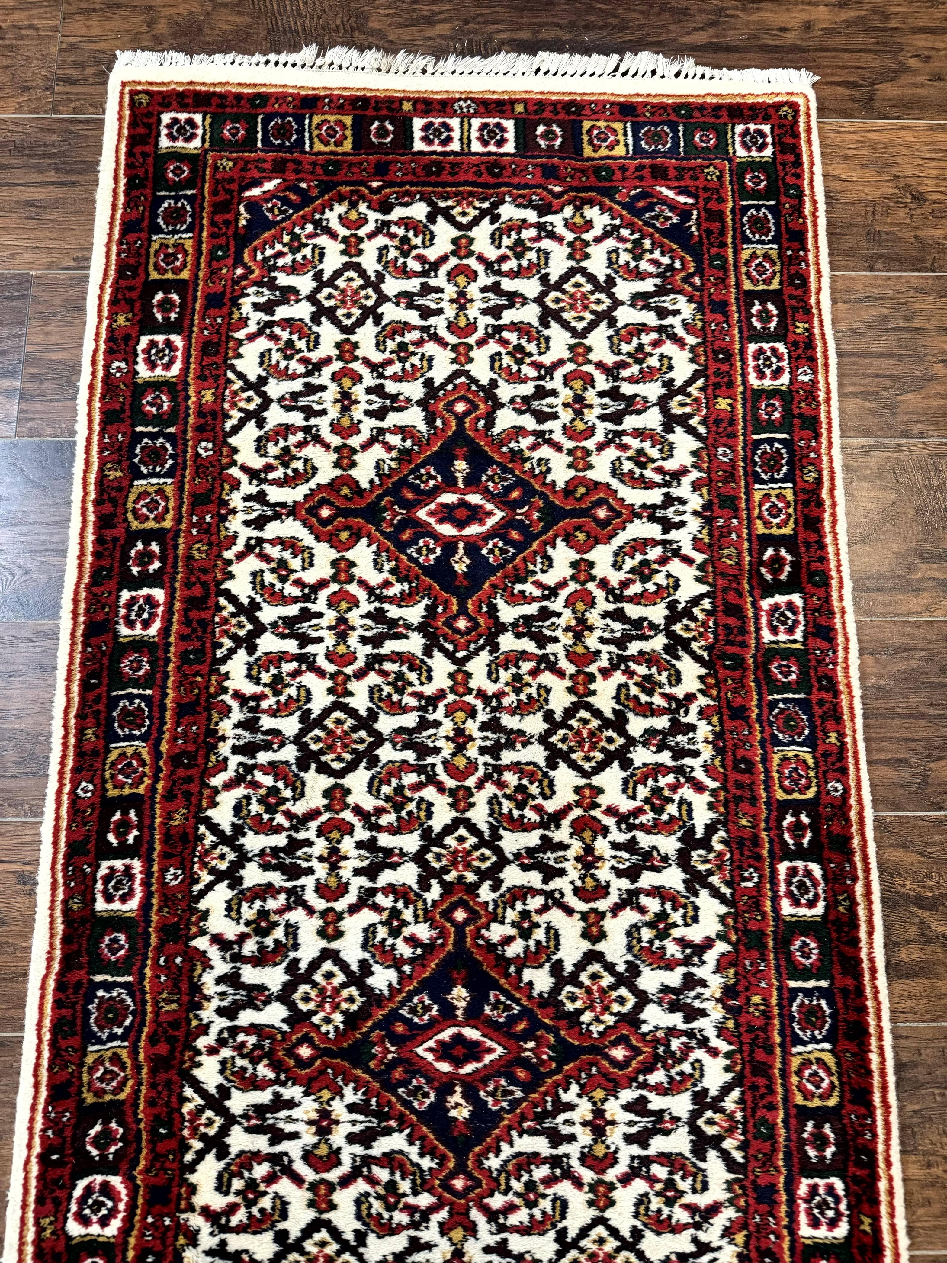Indo Persian Bidjar Runner Rug 2.8 x 10, Vintage Rug for Hallway, 10ft Runner, Wool Handmade Ivory and Red, Medallions - Jewel Rugs