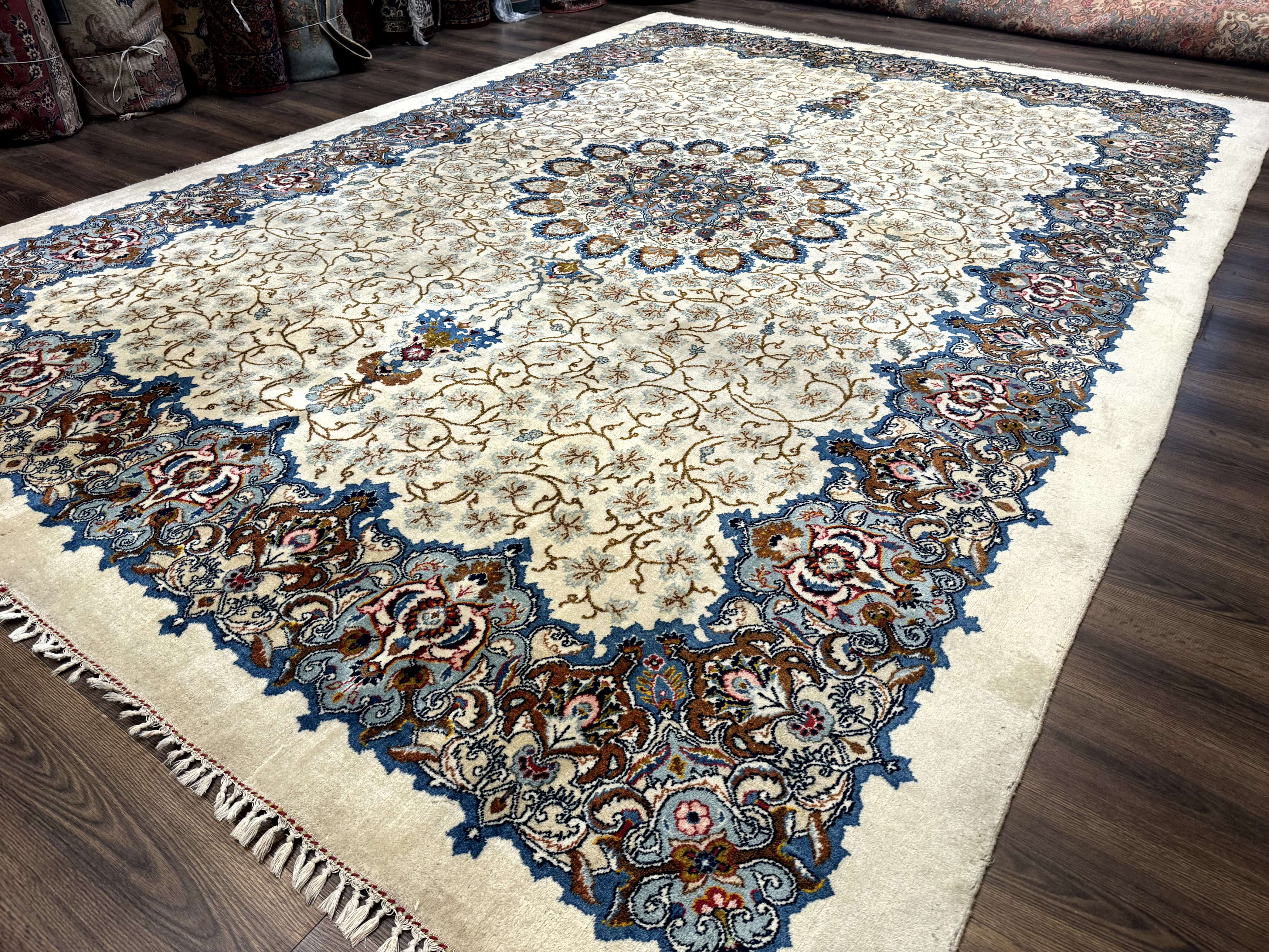 Persian Kashan Rug 9 x 12.6, Ivory and Blue, Floral Medallion, Wool Hand Knotted Semi Antique Carpet - Jewel Rugs