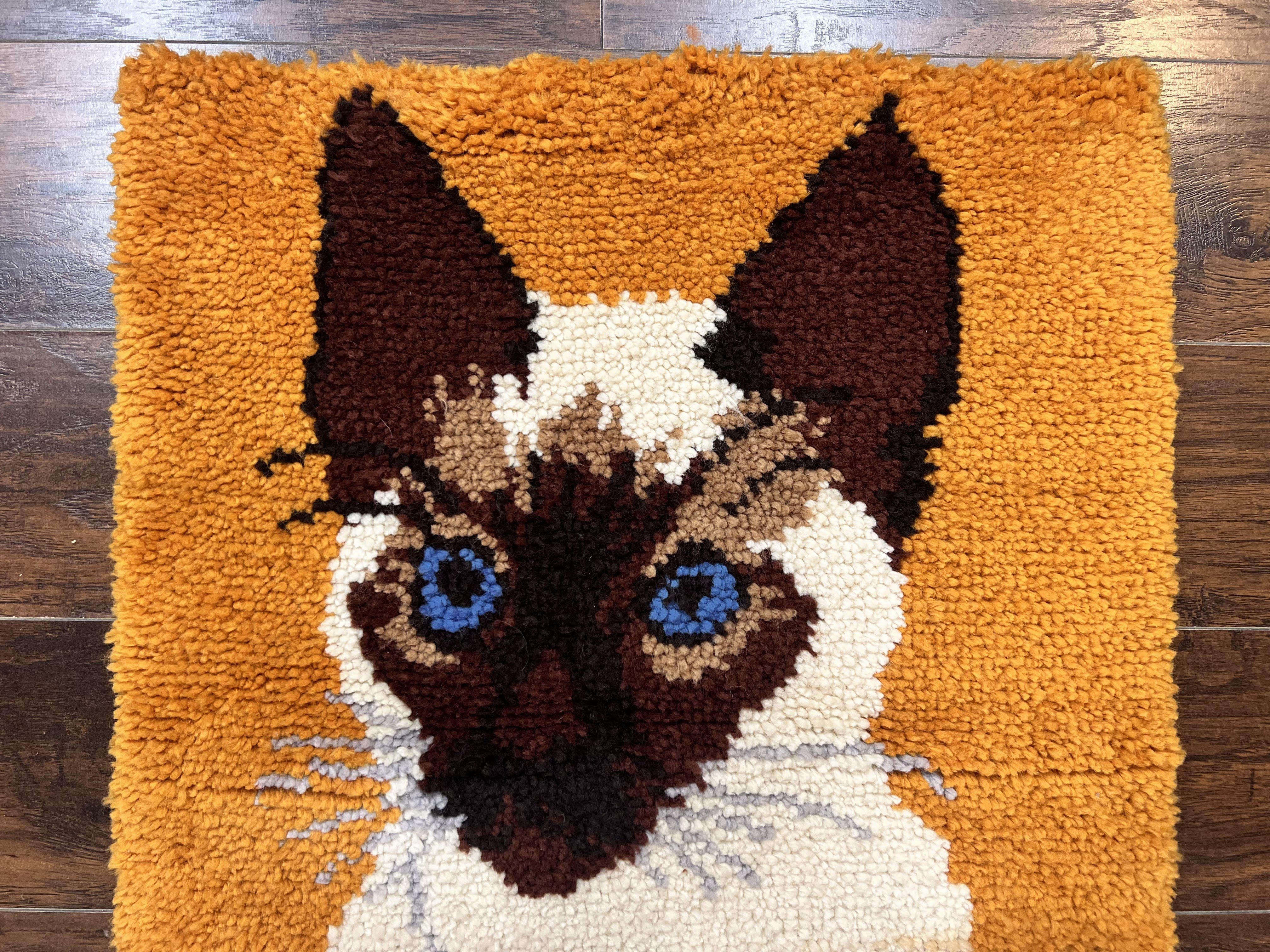 Small Shag Rug with Siamese Cat Pictorial, 2x3 ft Rug, Wool, Vintage, Danish Rya Shag Rug, Orange - Jewel Rugs