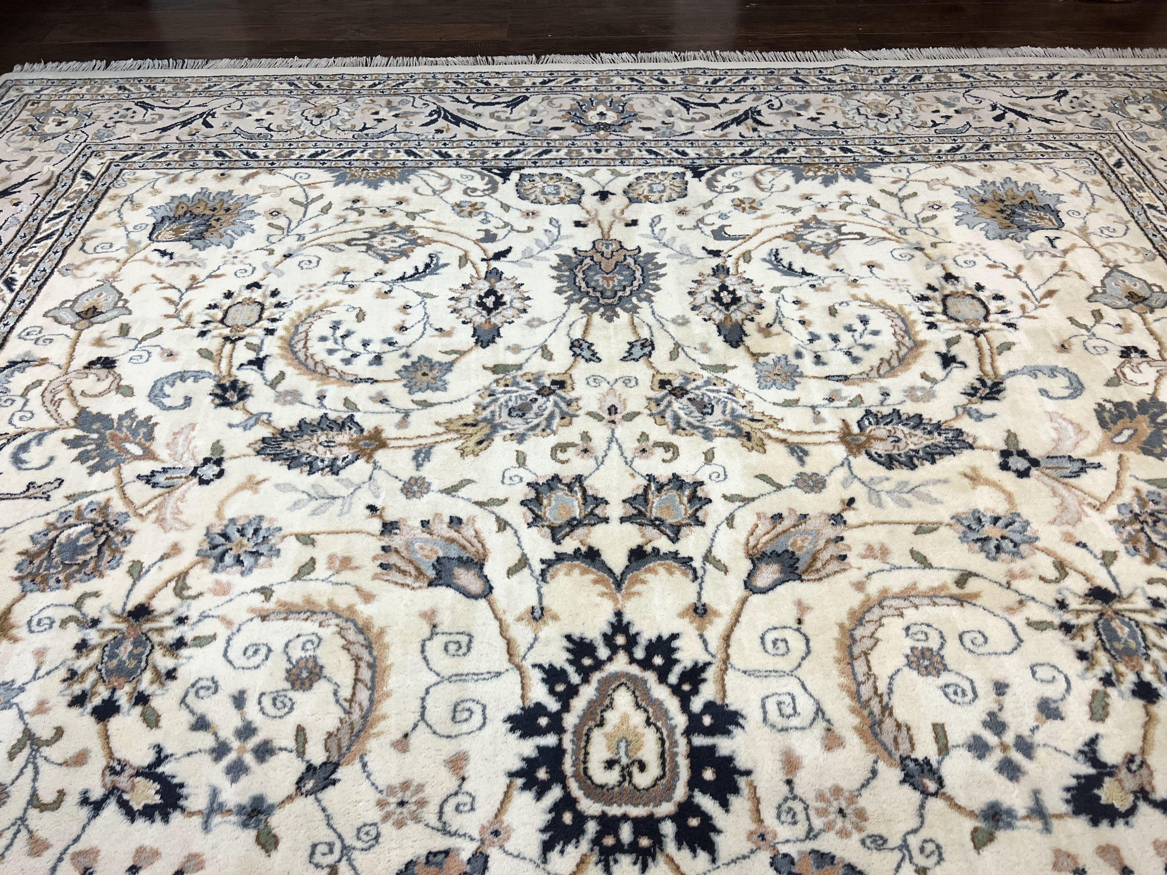 Indo Persian Rug 10x14, Floral Allover, Ivory and Light Gray, Handmade Vintage Wool Large Carpet - Jewel Rugs