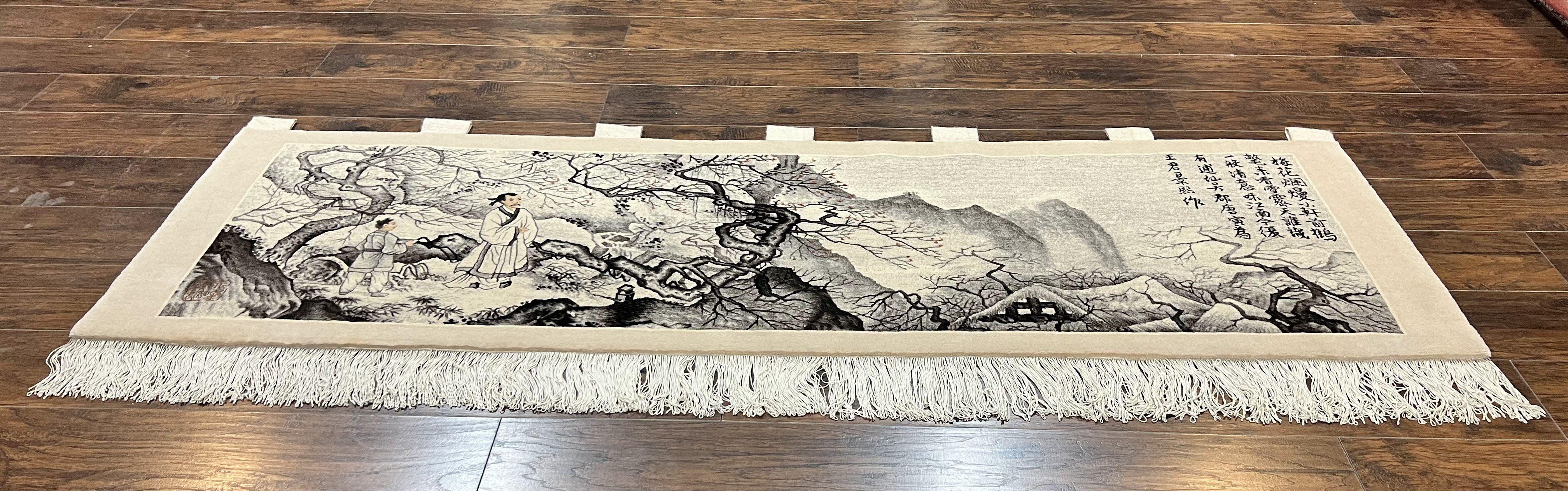 Chinese Wall Hanging Rug 8x3 ft, Samari Pictorial Scene, Hand-Knotted Handmade Vintage Asian Oriental Wall Hanging Tapestry Fine Rug - Jewel Rugs