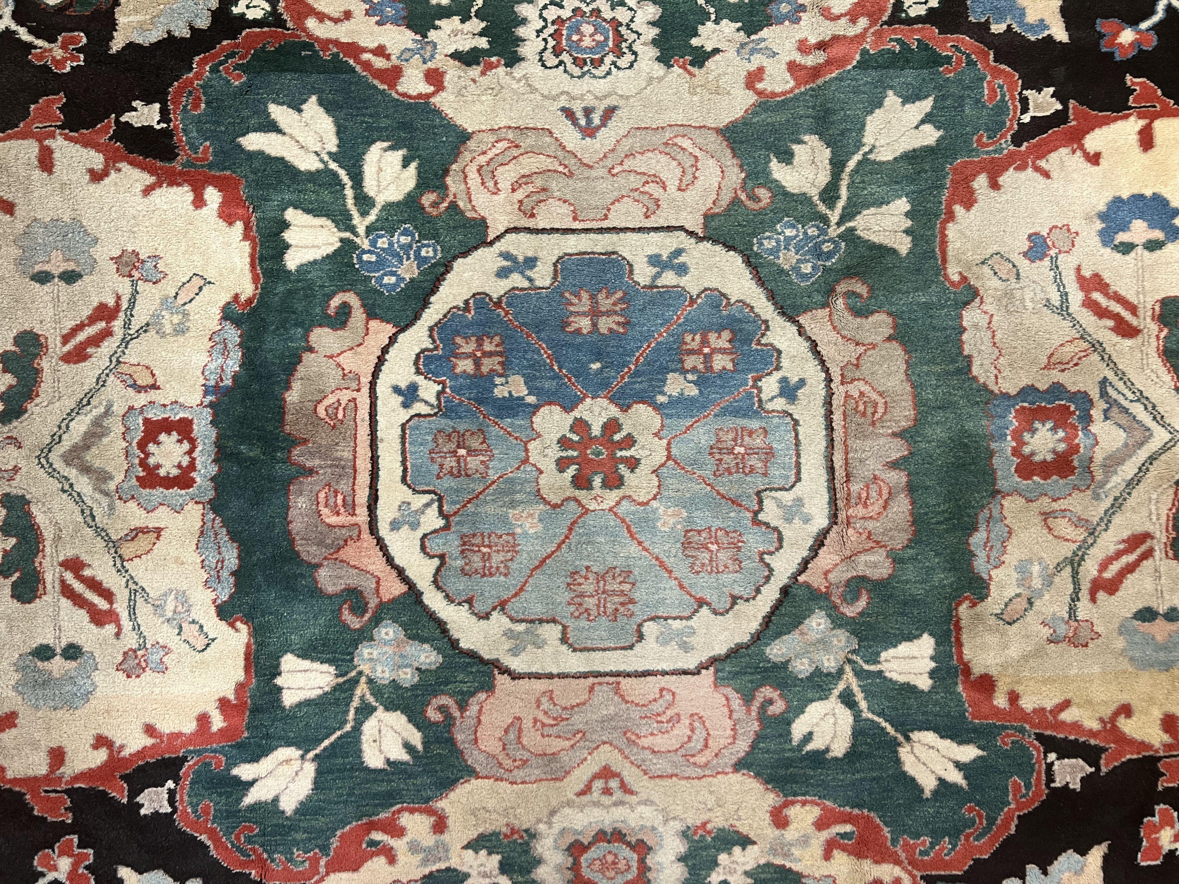 Square Turkish Rug 7x7, Vintage Handmade Wool Carpet, Black Beige Green - Jewel Rugs