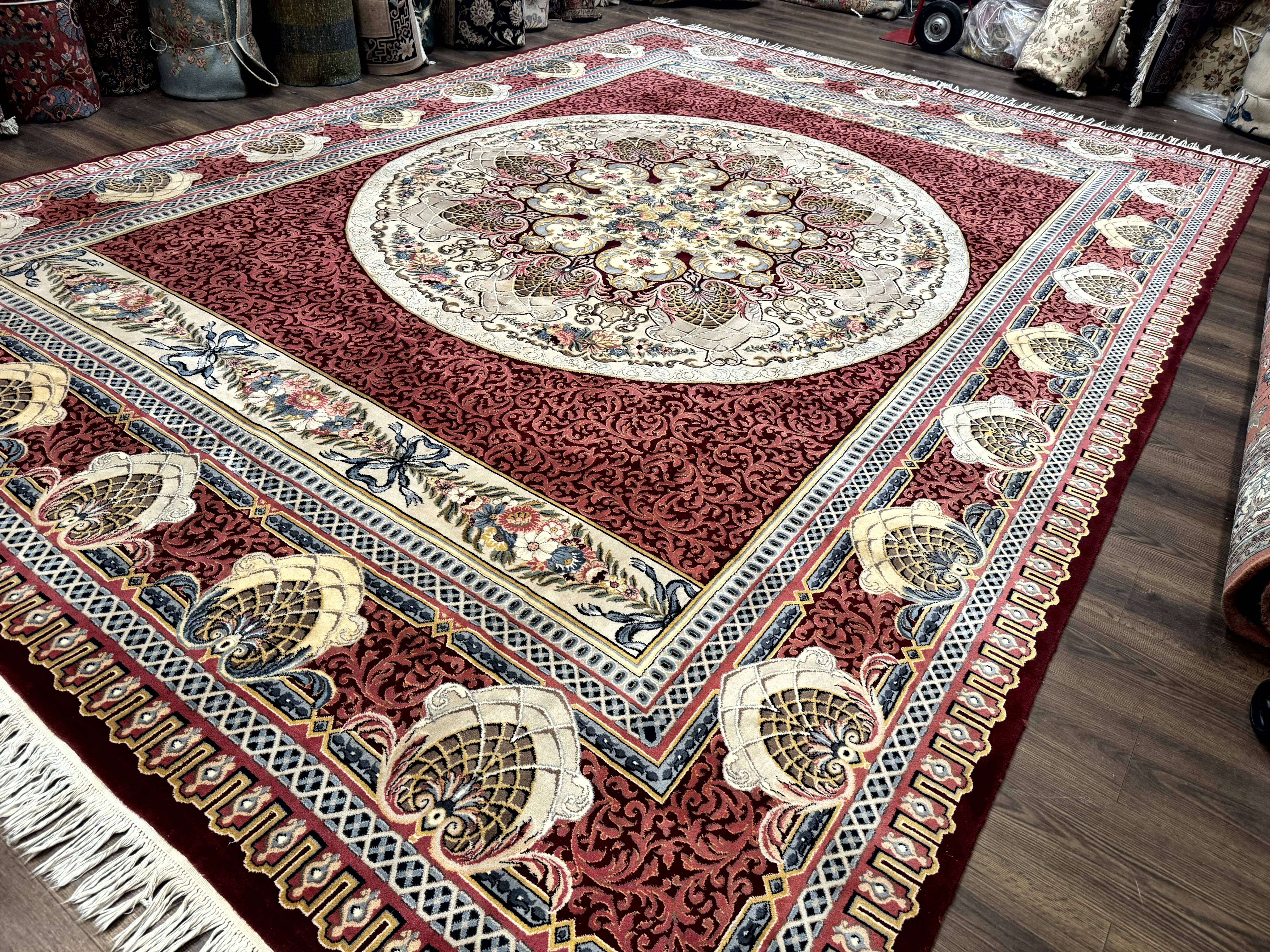 Wonderful Aubusson Rug 10x14, Red Maroon, Elegant, Fine 200 KPSI - Jewel Rugs