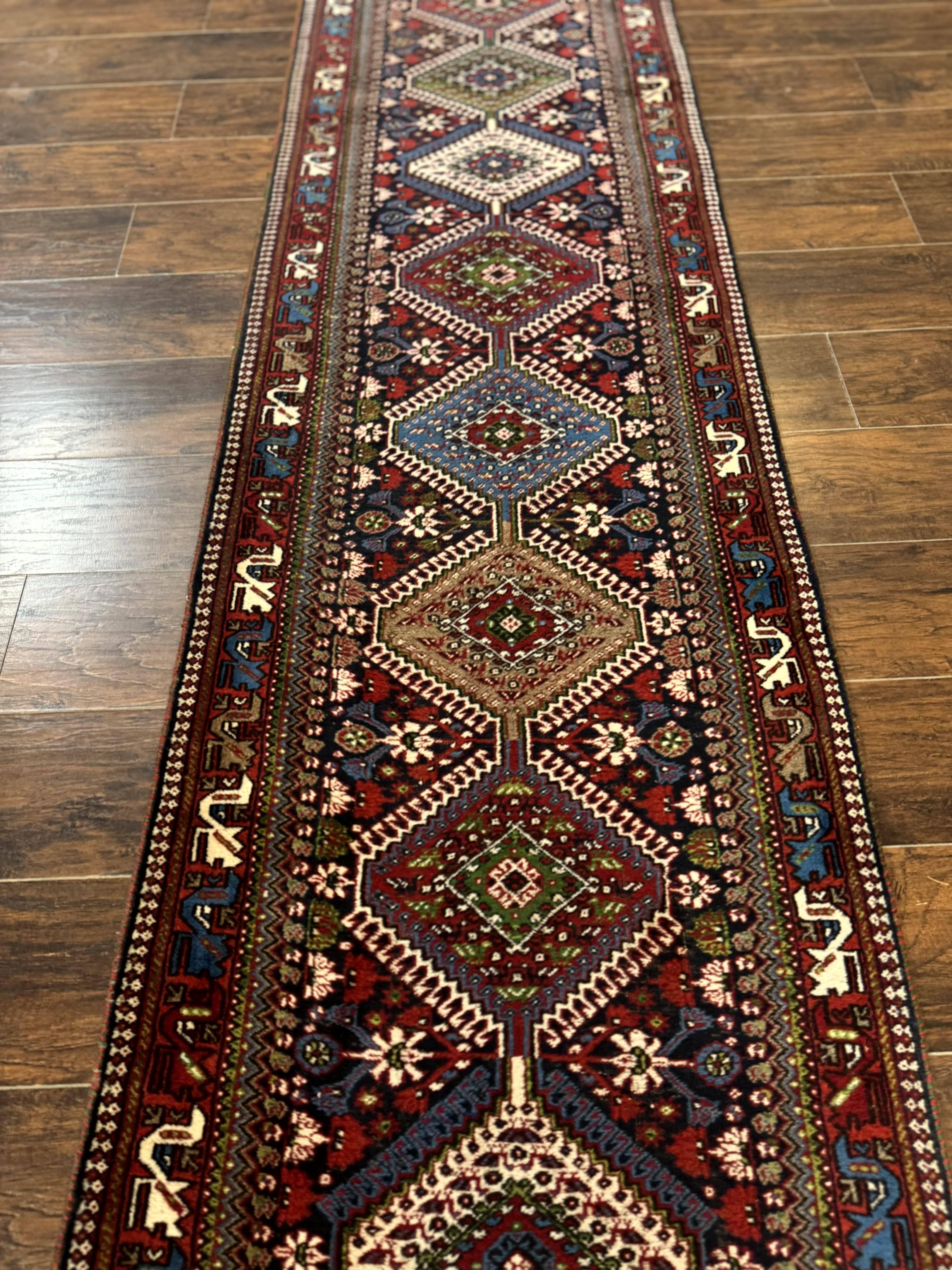 Persian Tribal Runner Rug 2.6 x 20 ft, Antique Persian Shiraz Carpet for Hallway, Colorful Navy Blue - Jewel Rugs