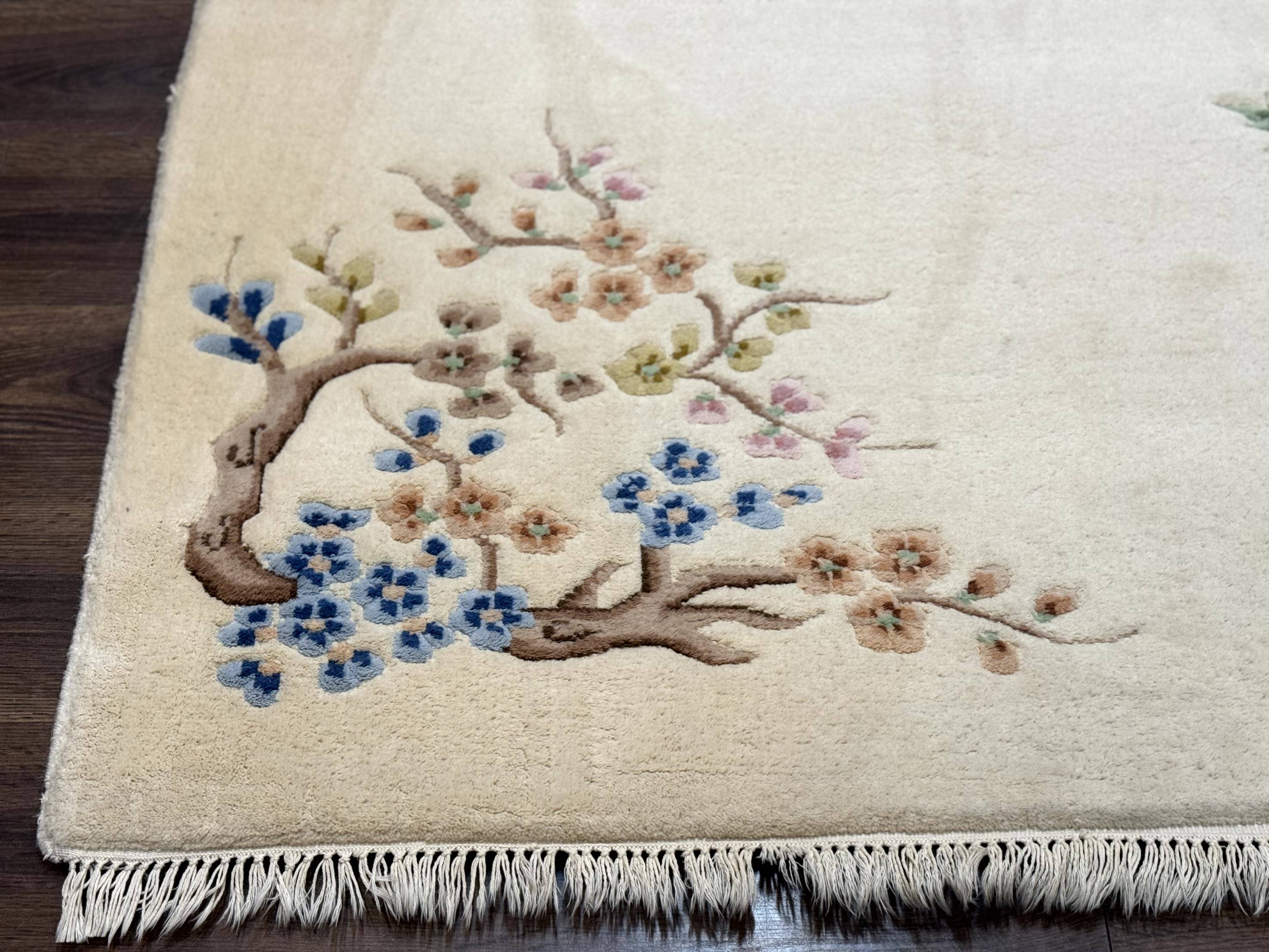 Indo Chinese Wool Rug 5x9, Simple Design, Floral, Ivory, Vintage - Jewel Rugs