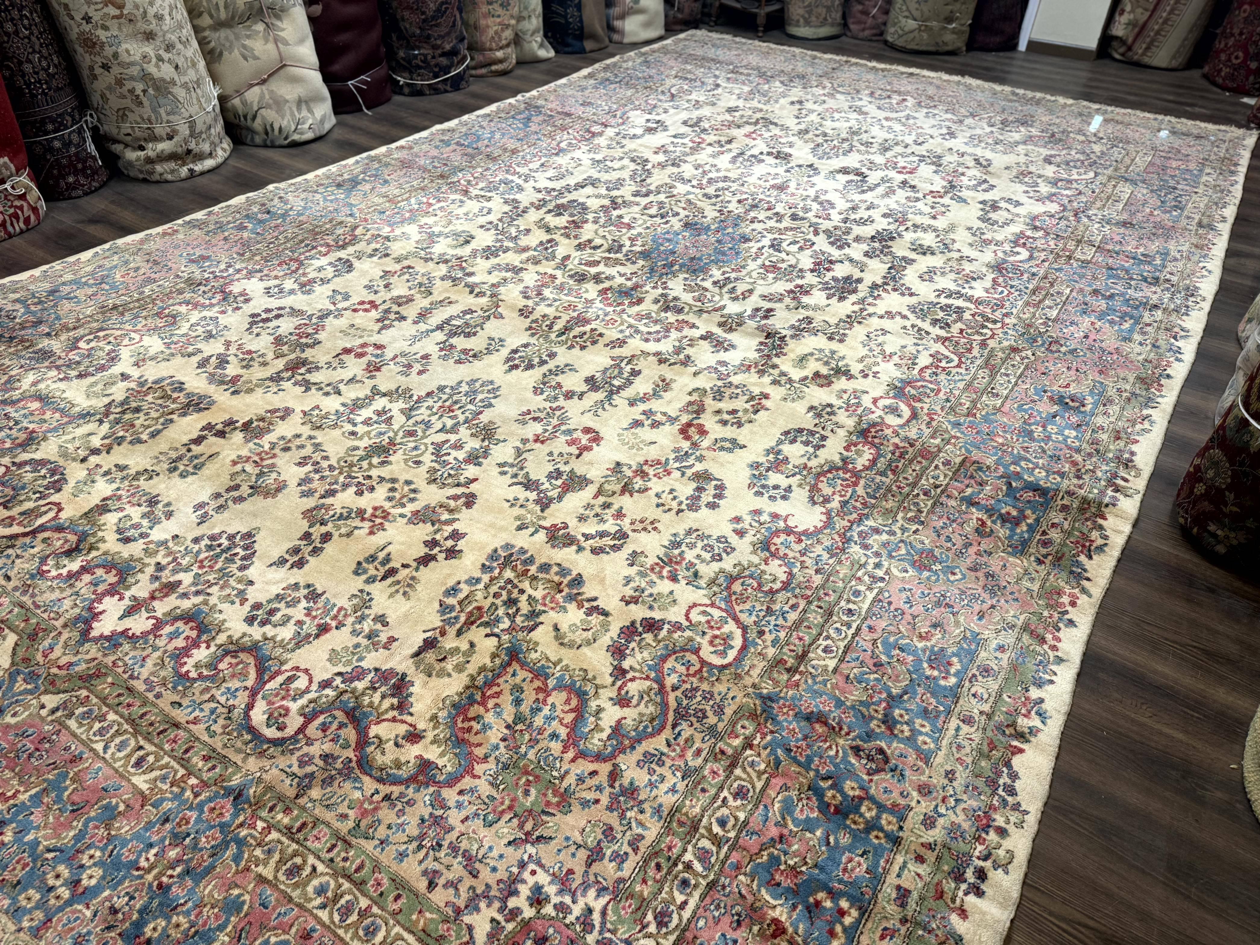 Palace Size Persian Kerman Rug 11x20 ft, Very Fine 340 KPSI, Vintage Oversized Wool Handmade Large Persian Carpet, Beige Light Blue Pink - Jewel Rugs