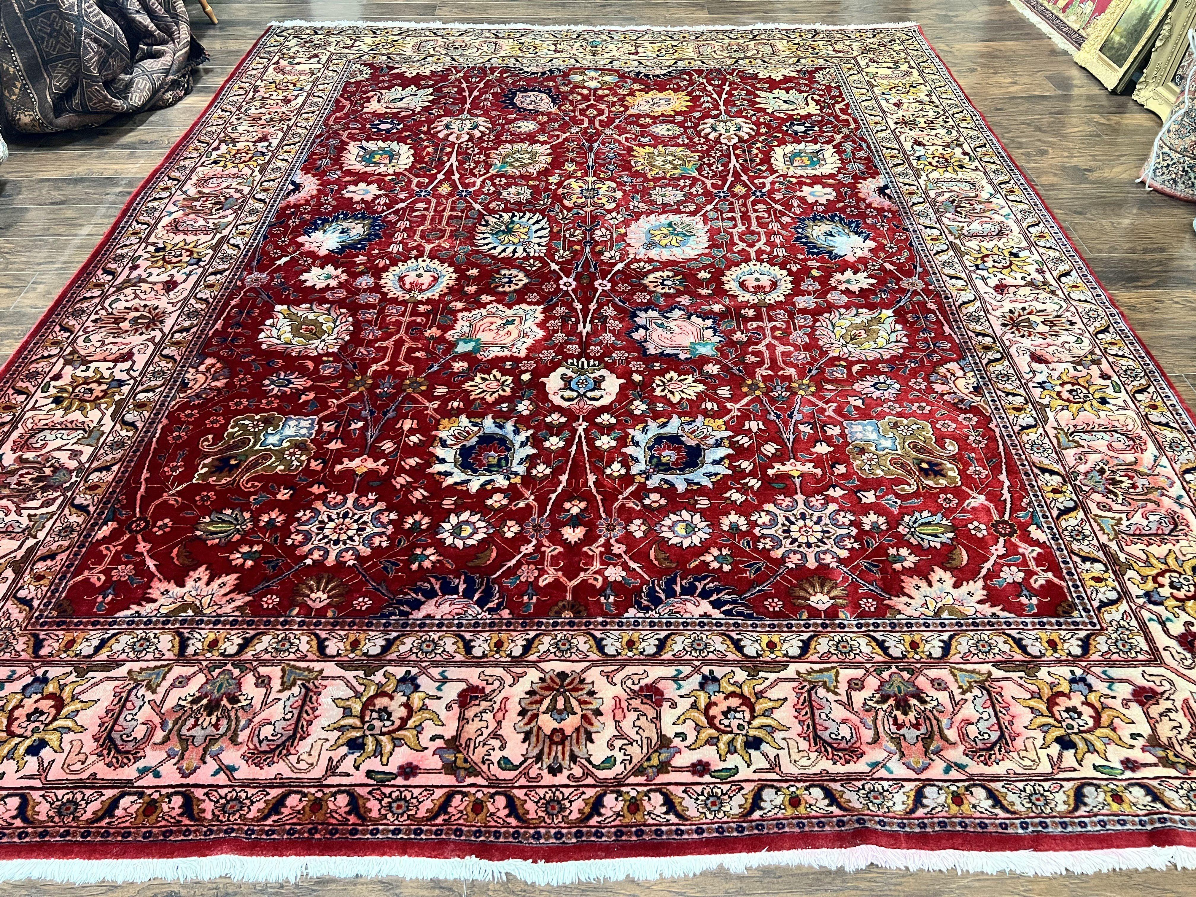 Persian Tabriz Rug 10x12, Floral Allover, Handmade Vintage Wool Carpet, Red and Cream - Jewel Rugs