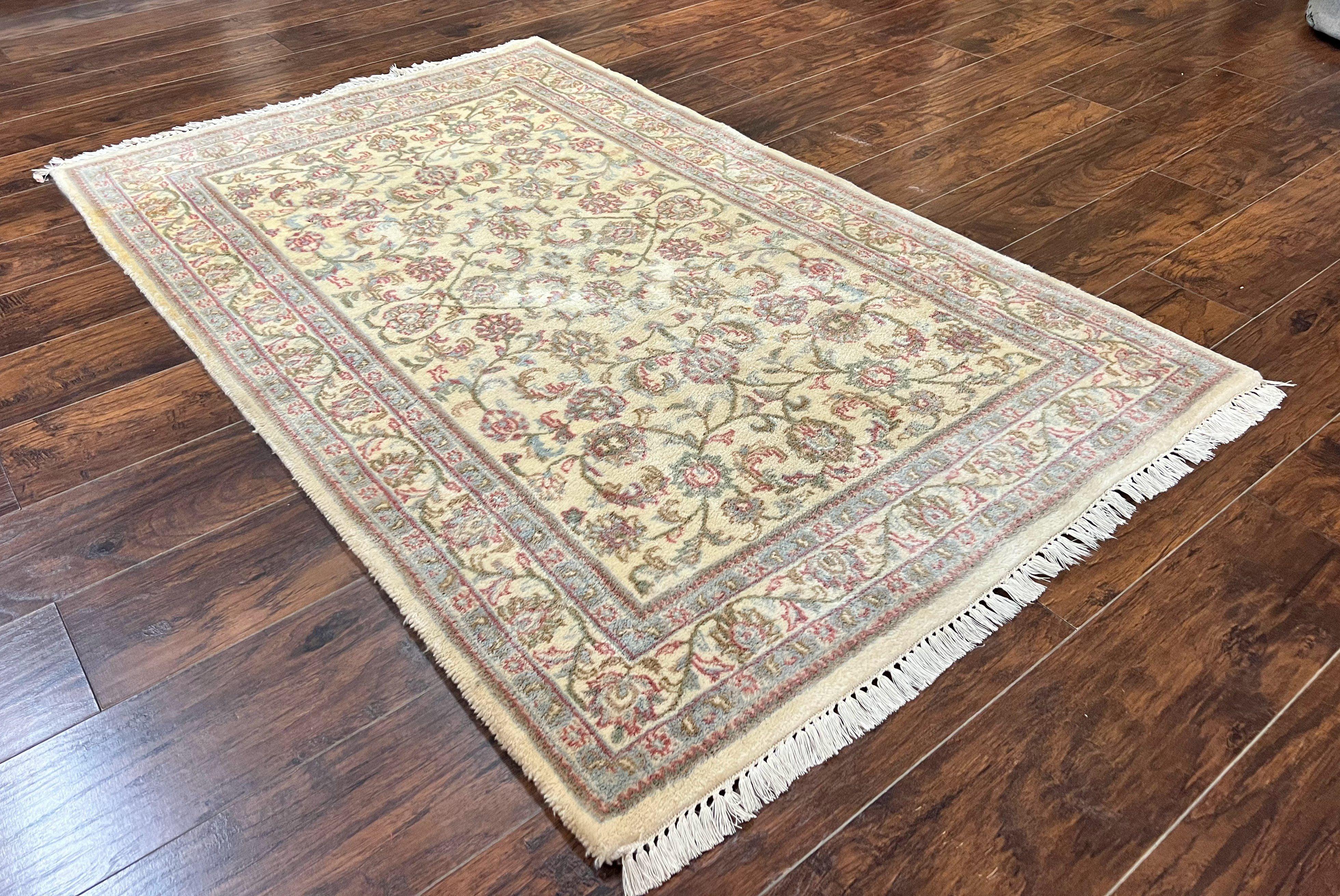 Indo Persian Rug 4x6, Vintage Handmade Wool Carpet, Floral Allover Pattern, Beige, Pair A - Jewel Rugs