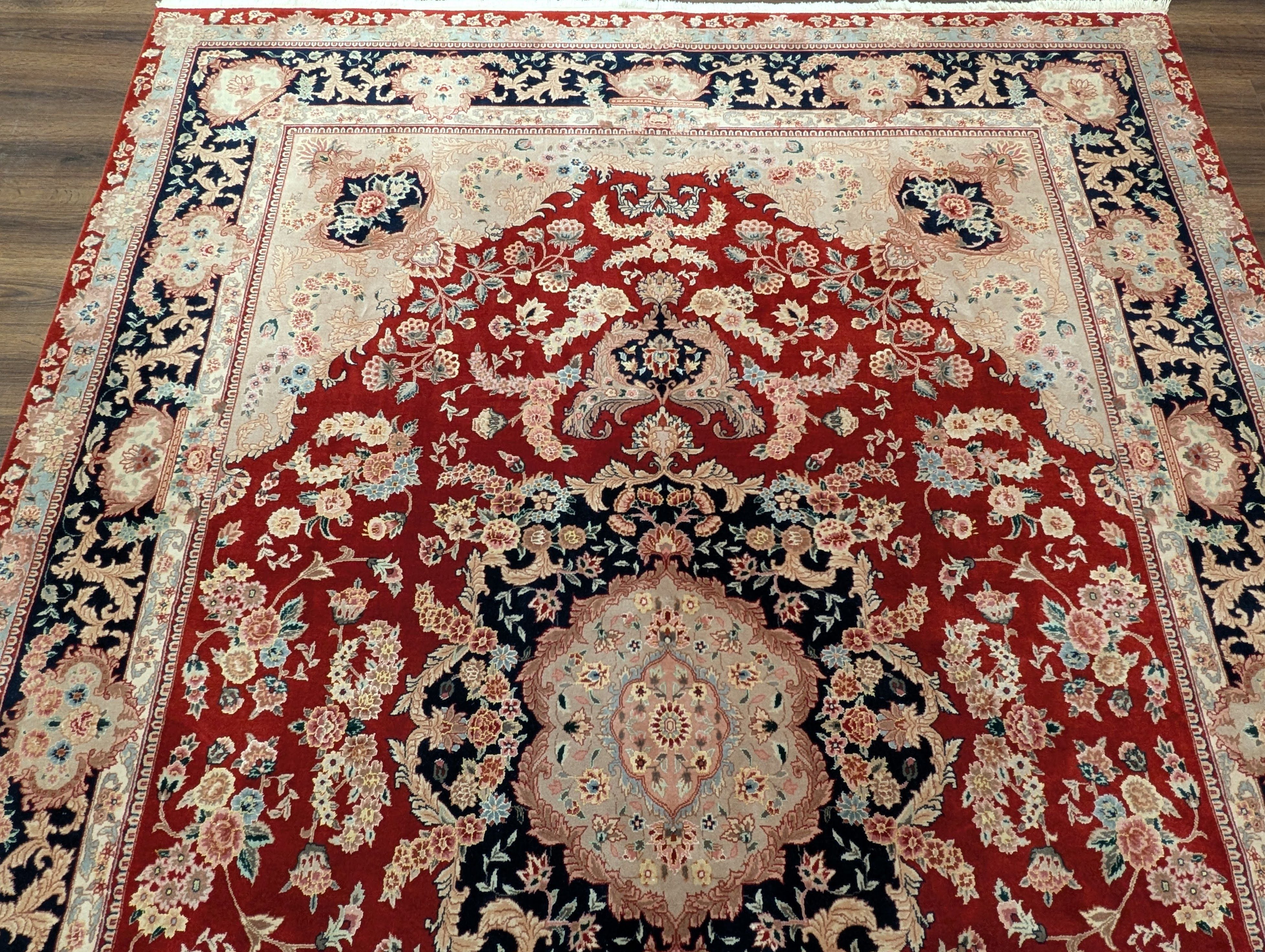 Pak Persian Rug 9x12 – Red and Navy, Wool and Silk, Medallion Oriental Carpet, 225 KPSI - Jewel Rugs