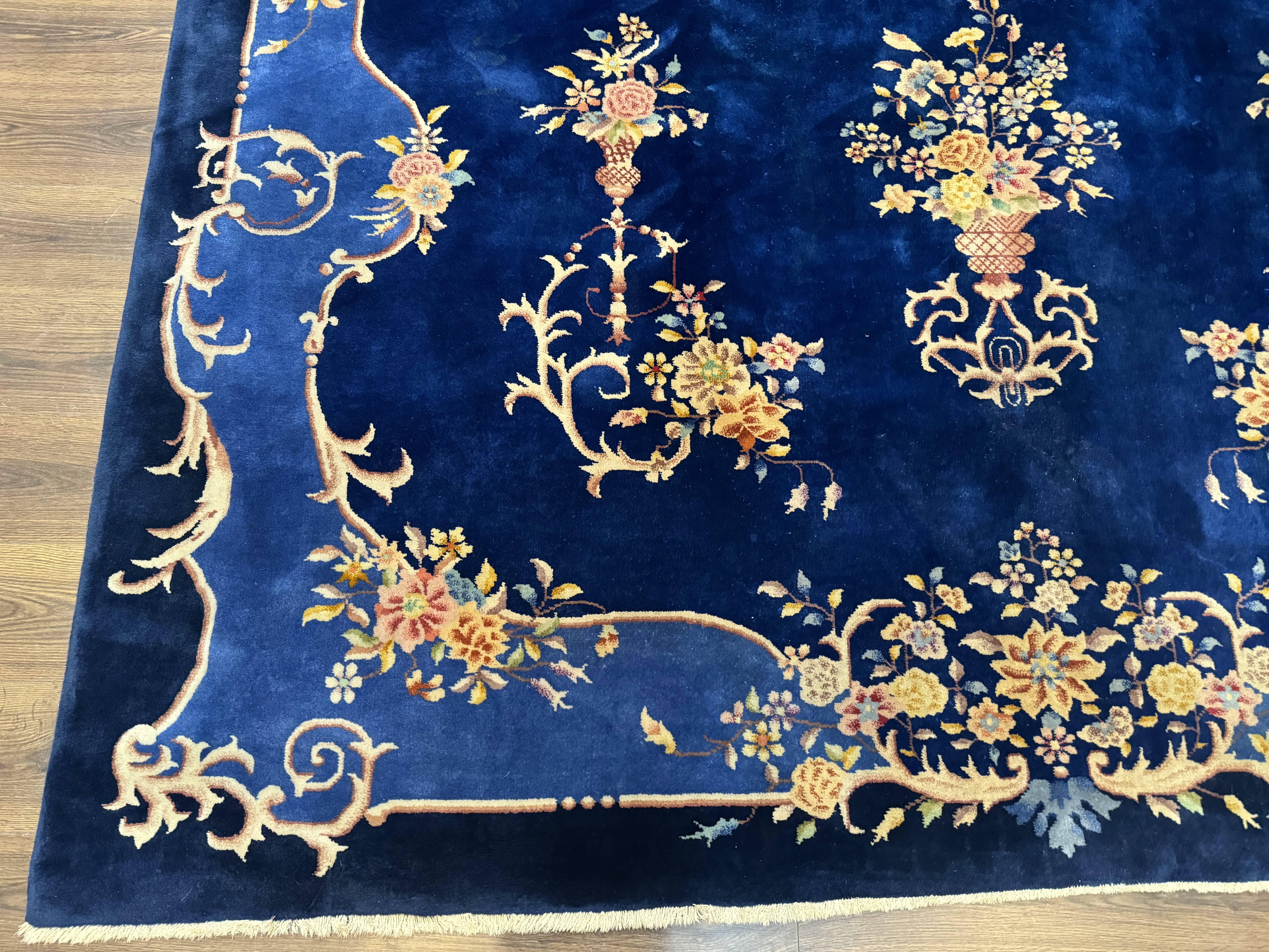 Blue Chinese Art Deco Rug 9x12, Vintage Antique Chinese Wool Rug, Chinese Fette Rug - Jewel Rugs