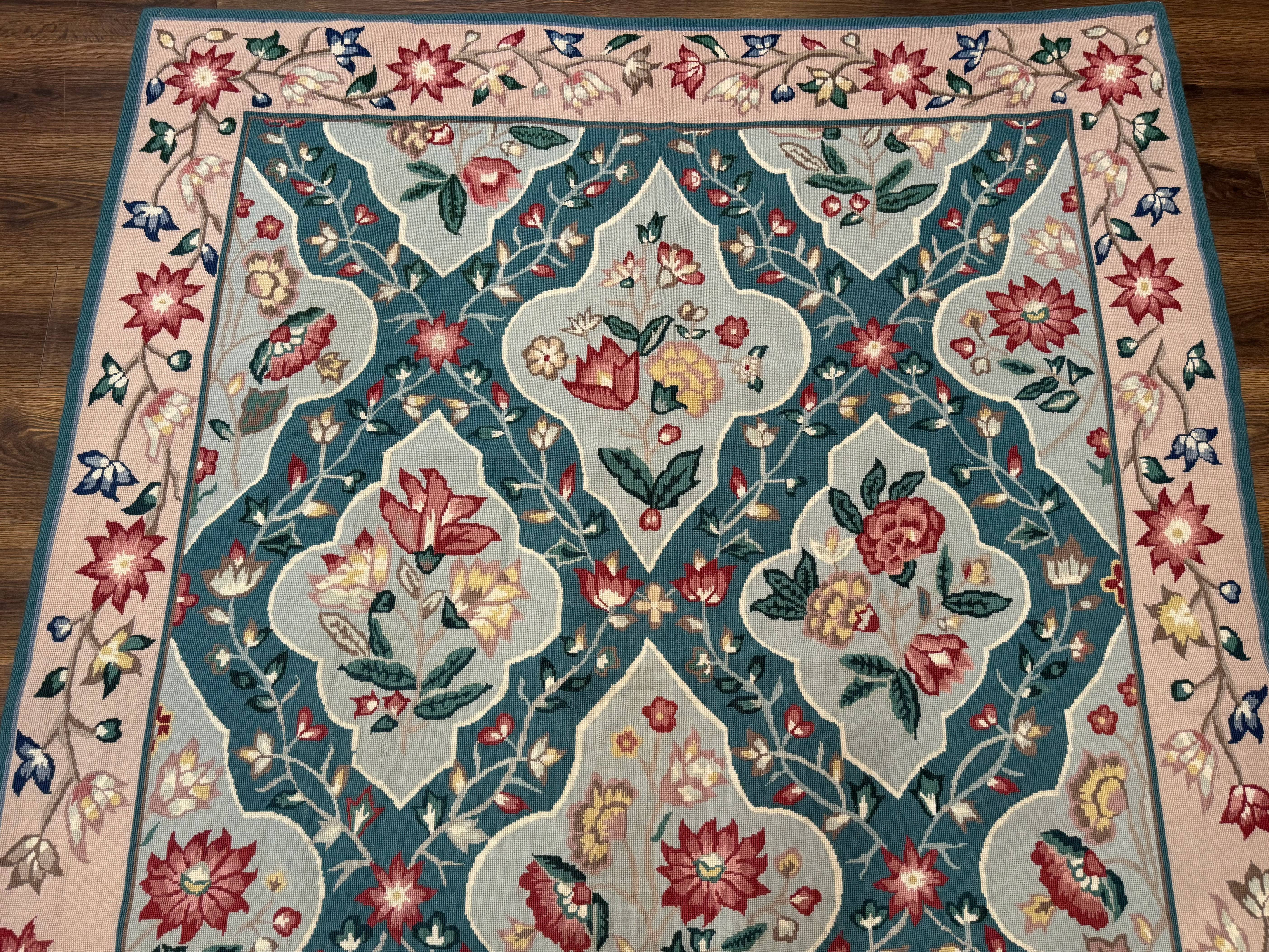 Teal Needlepoint Rug 6x9, Panel Design, Floral Bouquets, Handmade - Jewel Rugs
