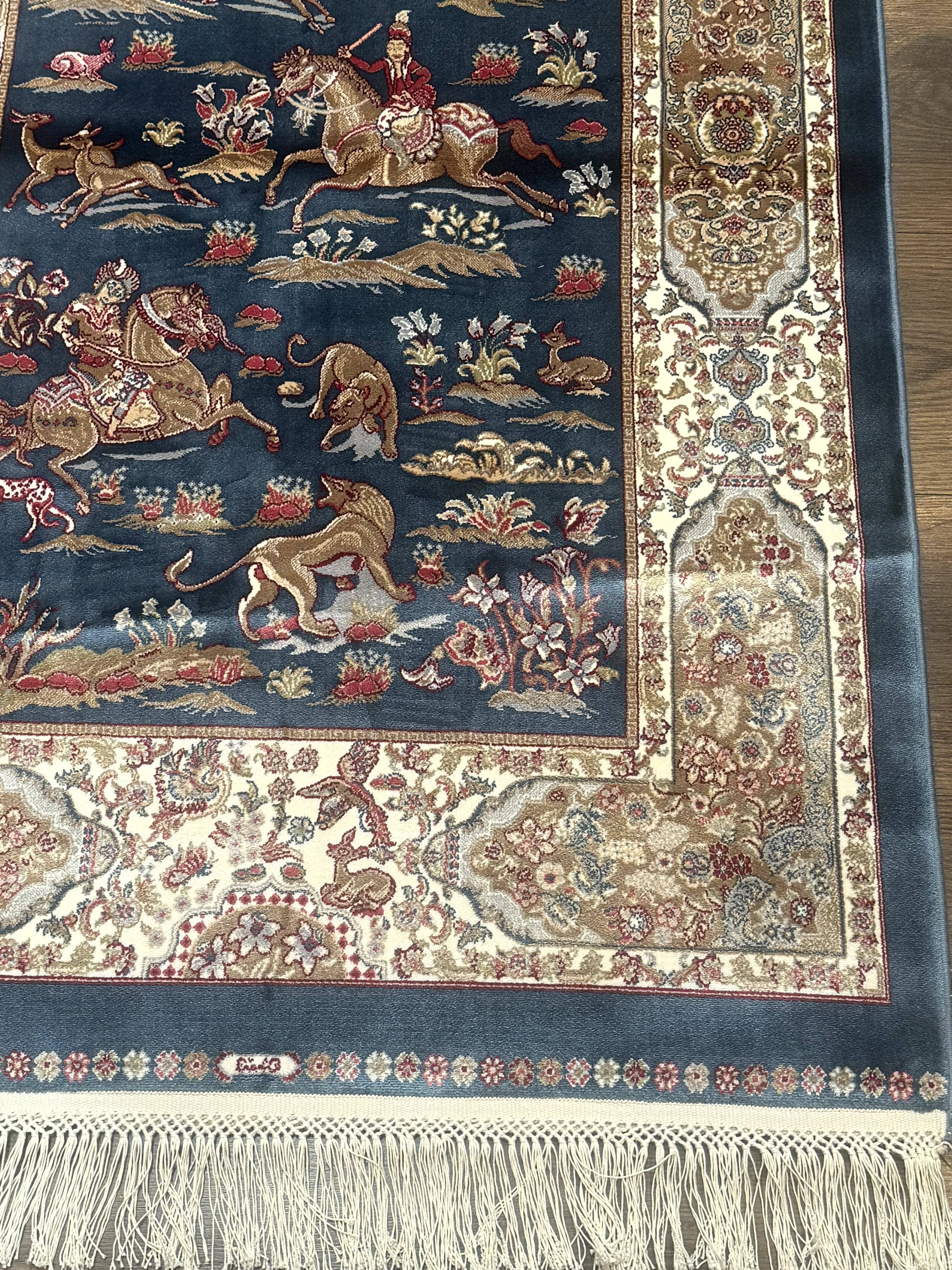 Turkish Silk Hunting Scene Rug 2.6 x 5, Dark Steel Blue & Ivory, Bamboo Silk, New - Jewel Rugs