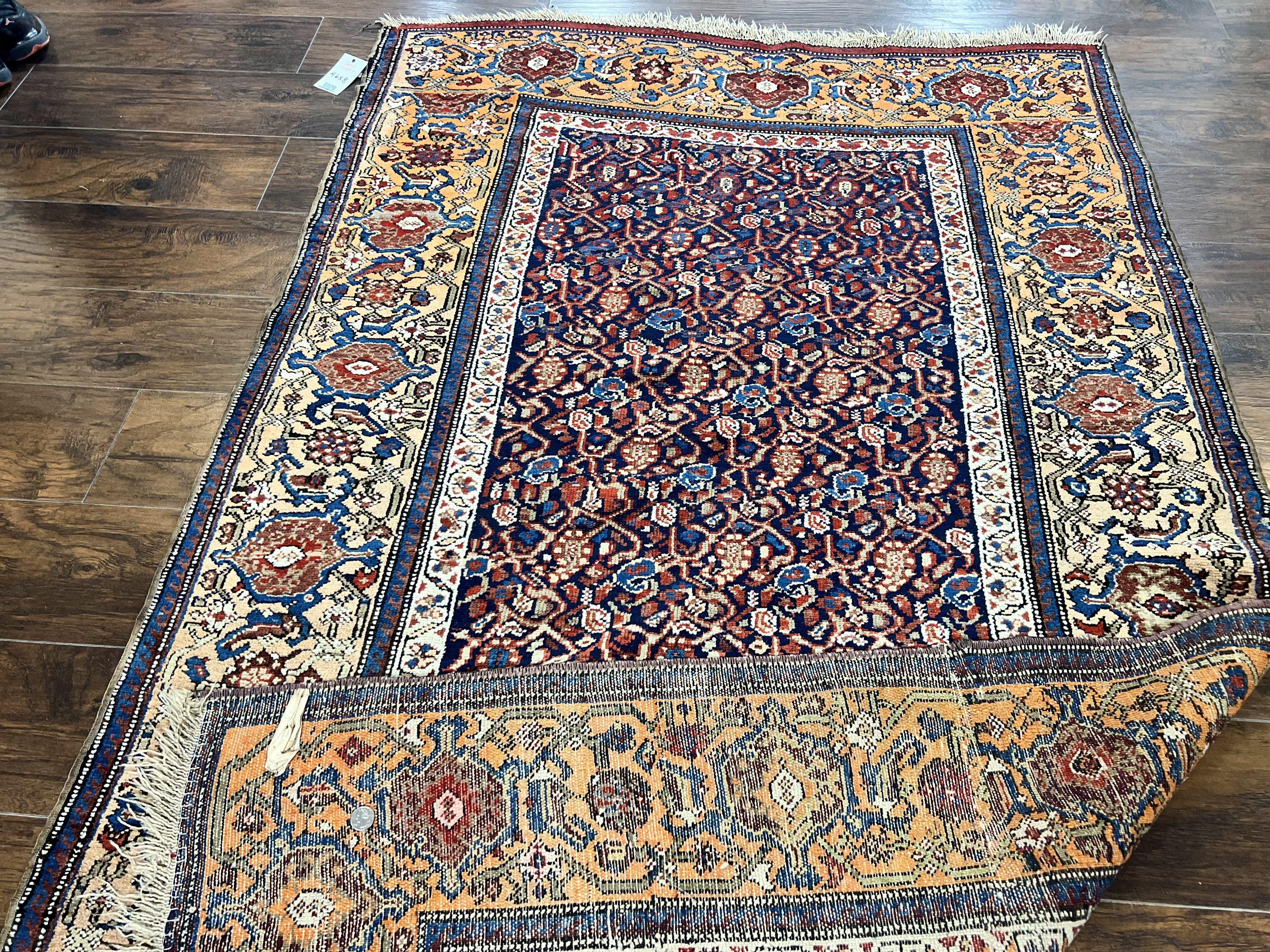 Persian Senneh Rug 4x8, Wool Hand Knotted Antique Kurdish Carpet, Navy Blue Oriental Area Rug, 4 x 8 Rug - Jewel Rugs