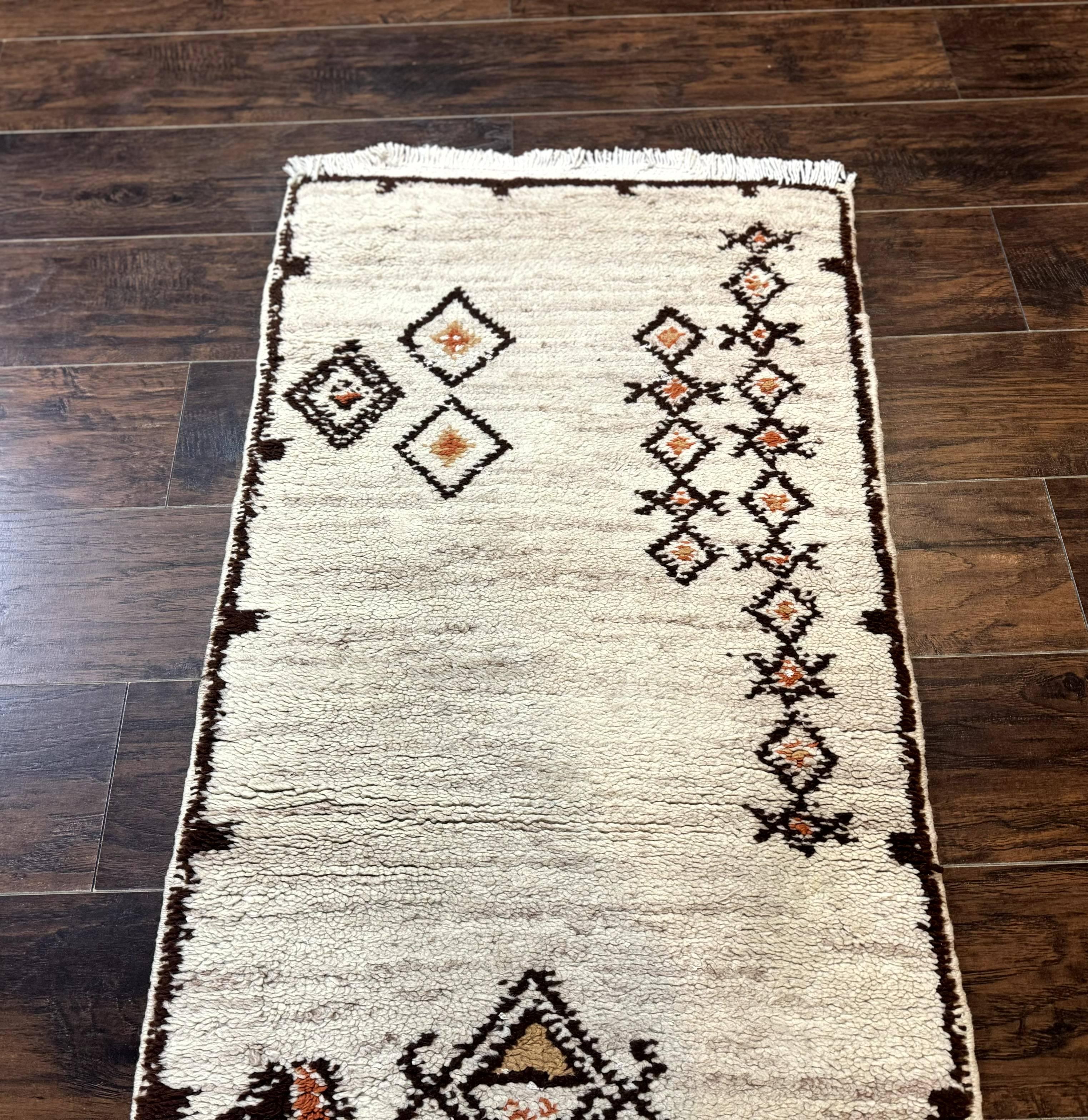 Moroccan Runner Rug 2x5, Short Runner, Geometric Abstract Tribal Design, Wool Carpet, Ivory - Jewel Rugs