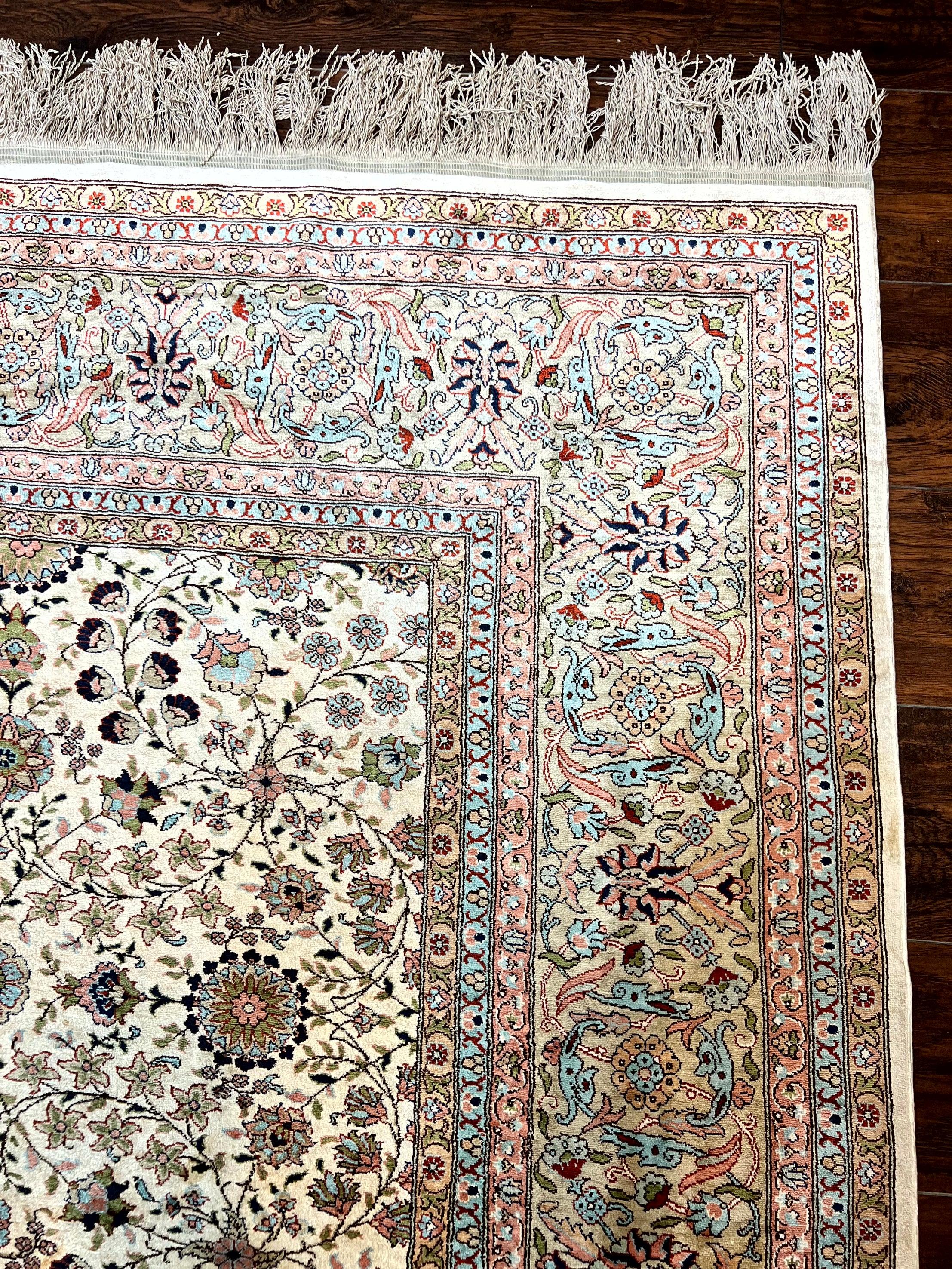Wonderful Silk Hereke Rug 8x12, Silk Pile on Silk Foundation, Ivory/Cream, Floral Pattern, Handmade, Vintage - Jewel Rugs