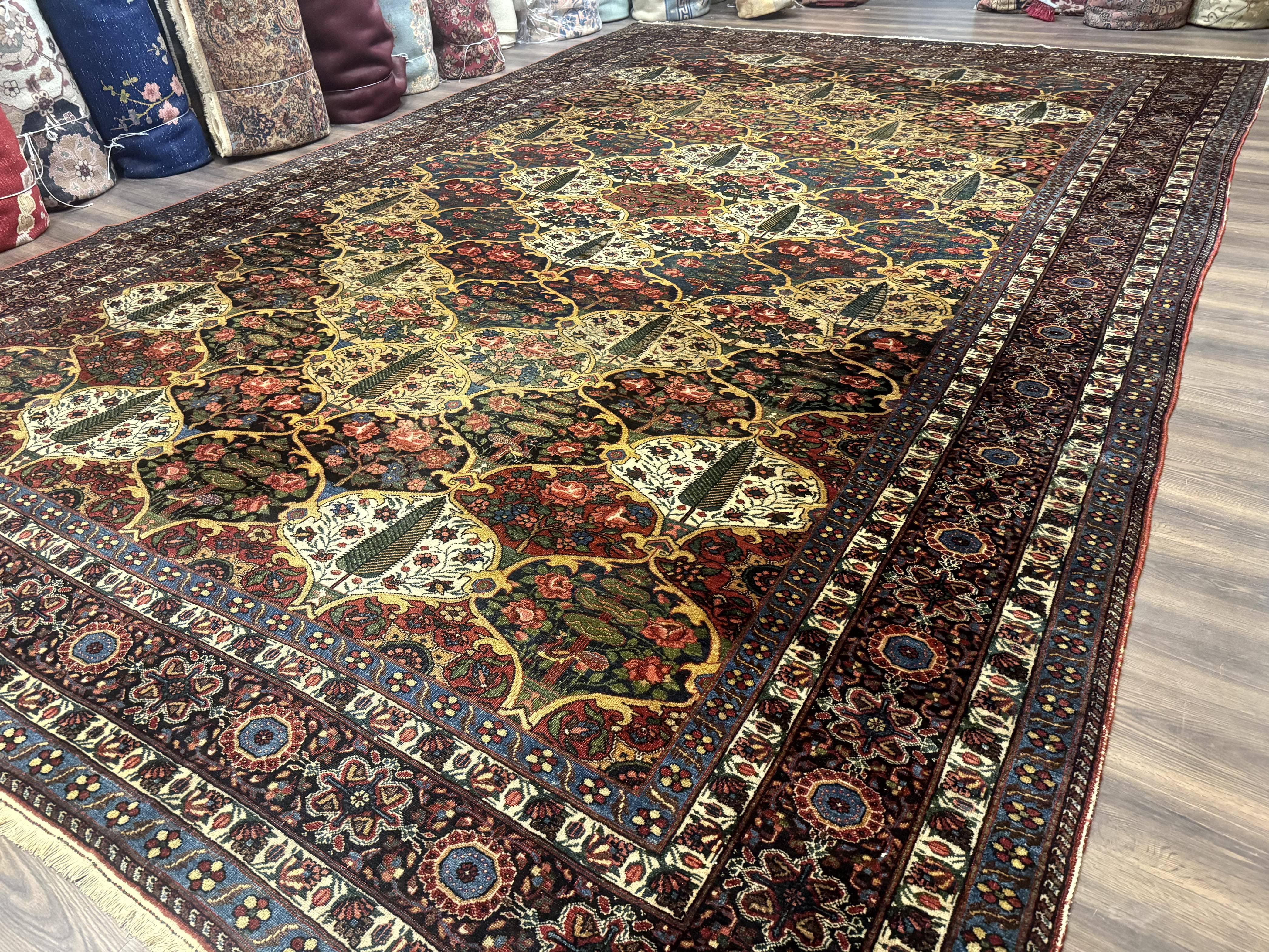 Antique Persian Bakhtiari Rug 12x19, Palace Size Wool Handmade Persian Carpet, Oversized Rug, Panel Design, Peacocks, Multicolor, Rare - Jewel Rugs