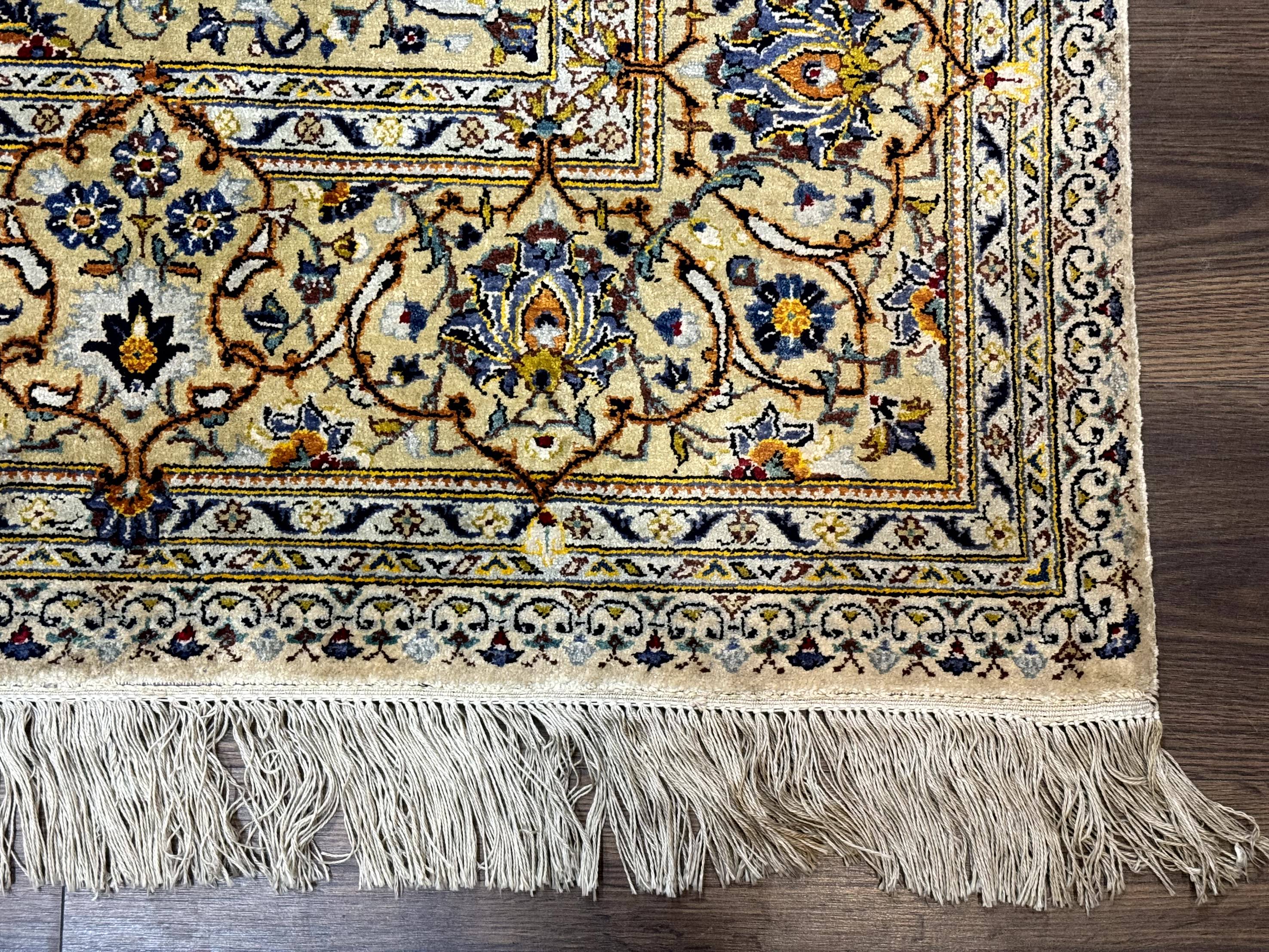 Rare Silk Persian Kashan Rug 4.6 x 7, Antique Fine 310 KPSI, Ivory - Jewel Rugs