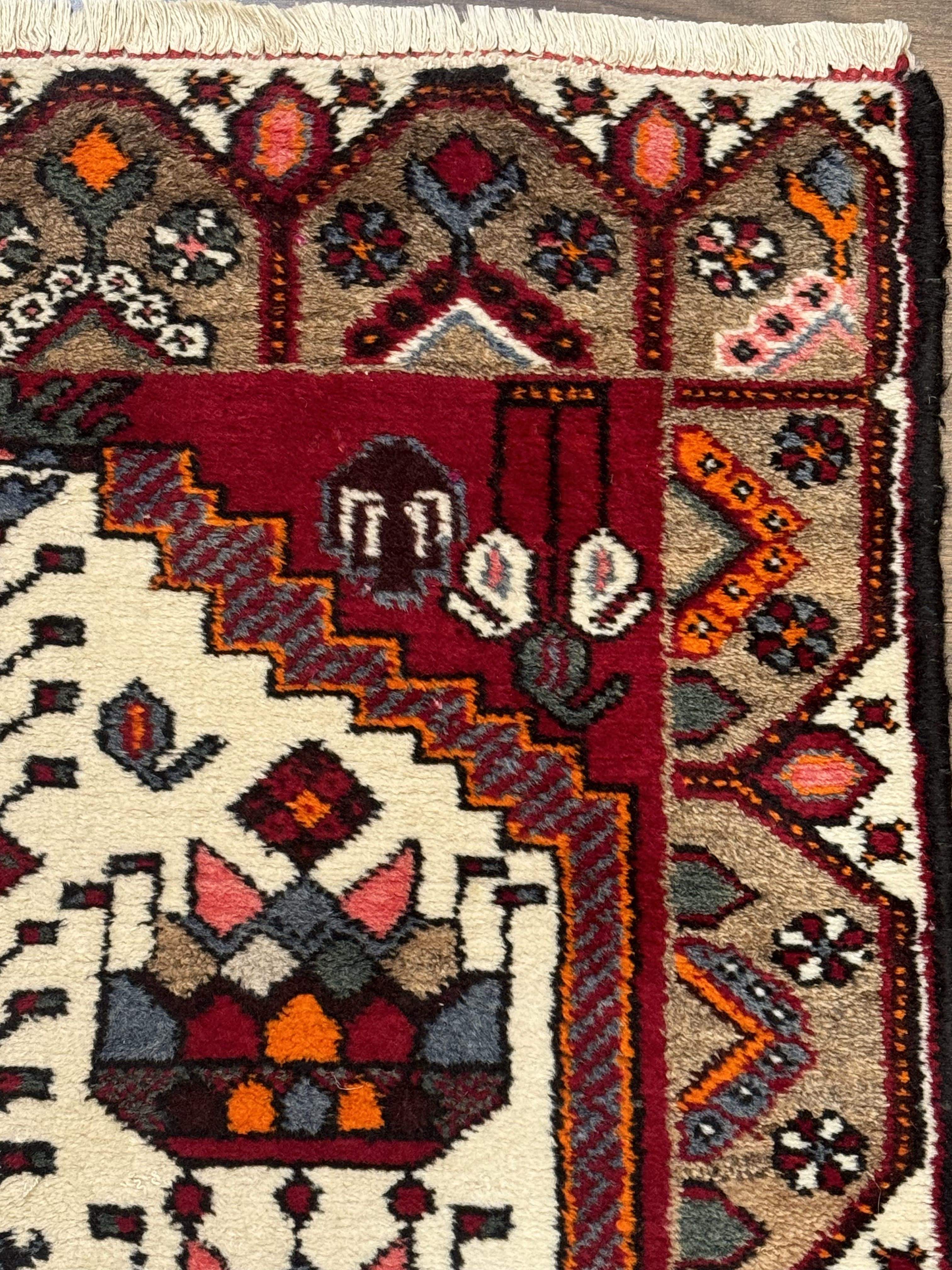 Small Persian Rug 3x4 – Ivory and Red Hand-Knotted Wool Vintage Malayer Hamadan Rug - Jewel Rugs