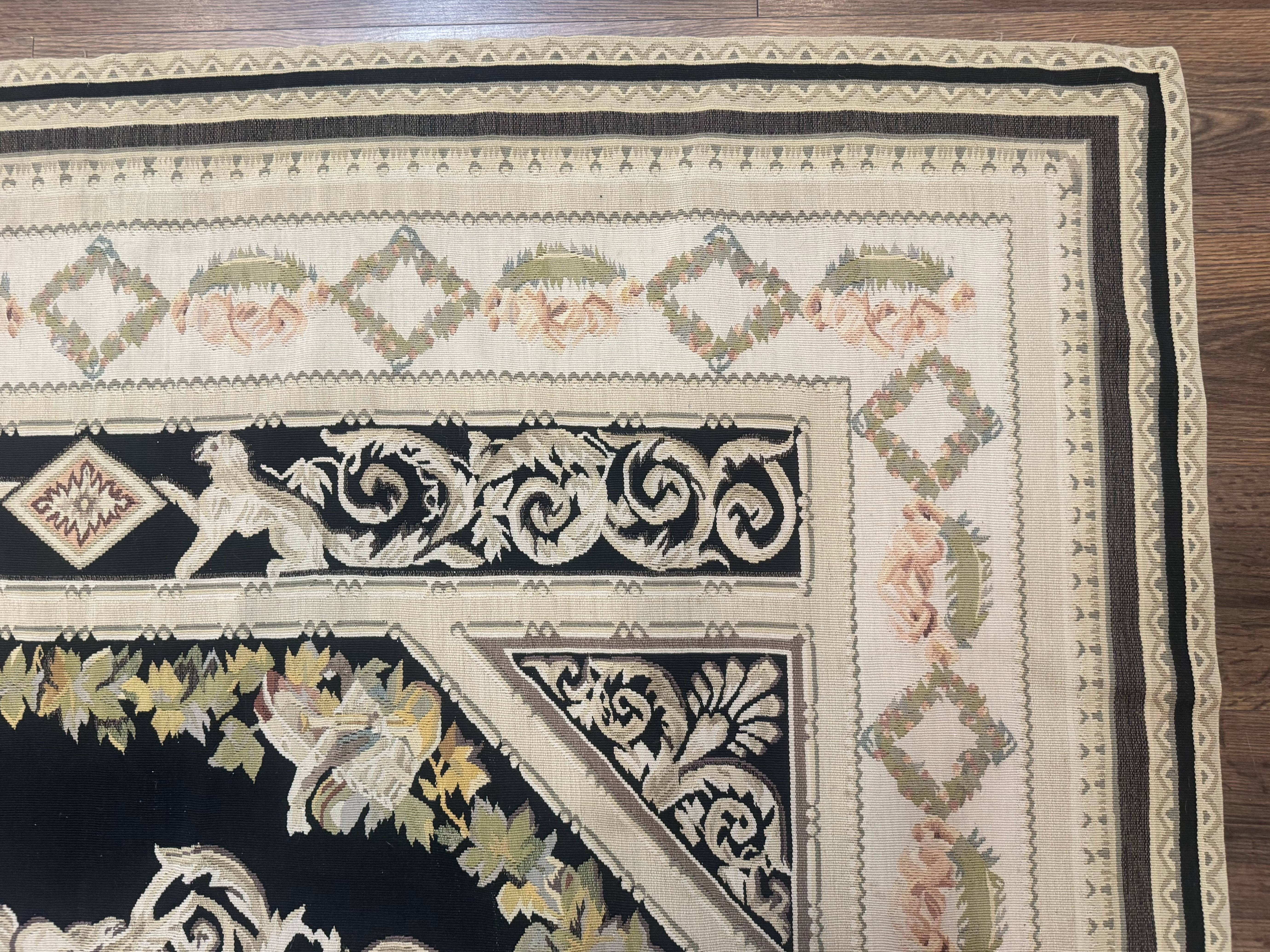 Aubusson Rug 6x8, European Design, Lion Pictorials, Black - Jewel Rugs