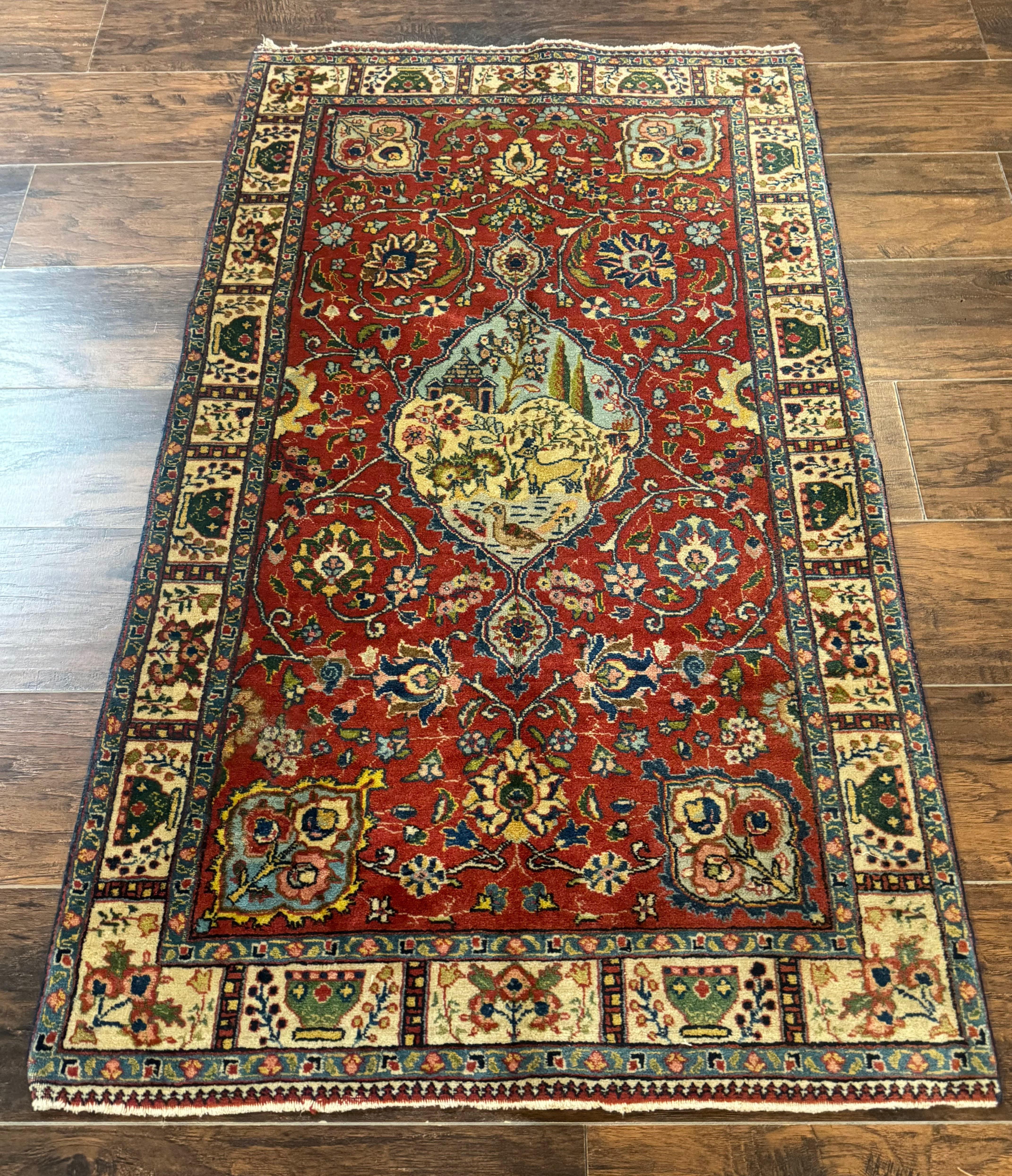 Small Persian Tabriz Rug 2.8 x 4.7, Red, Animal Pictorials, Semi Antique Vintage - Jewel Rugs
