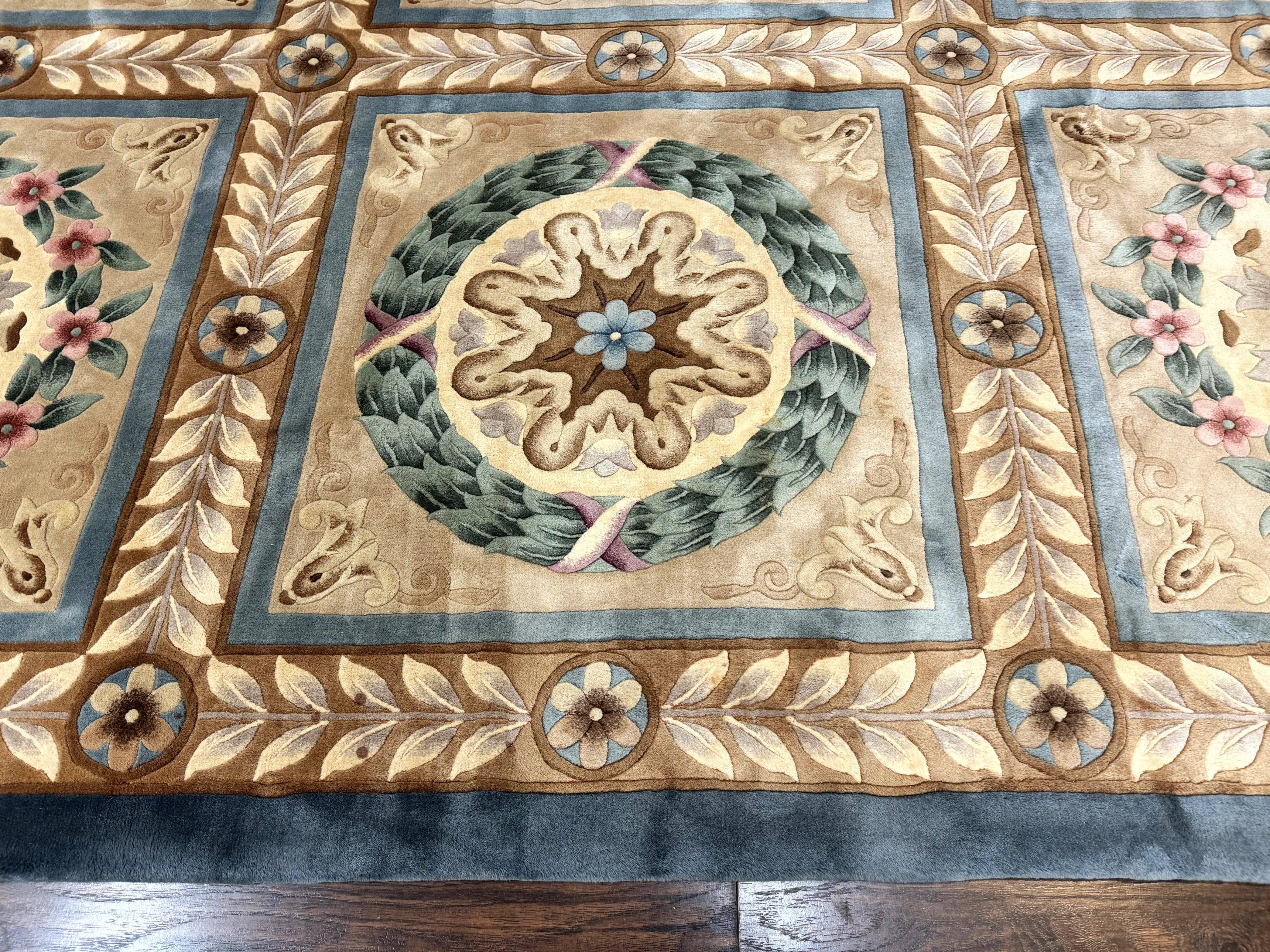 Chinese Aubusson Wool Rug 10x13, European Panel Design, Elegant Carpet, Vintage Handmade Plush Wool Pile Carpet, 90 Line Rug, Tan - Jewel Rugs