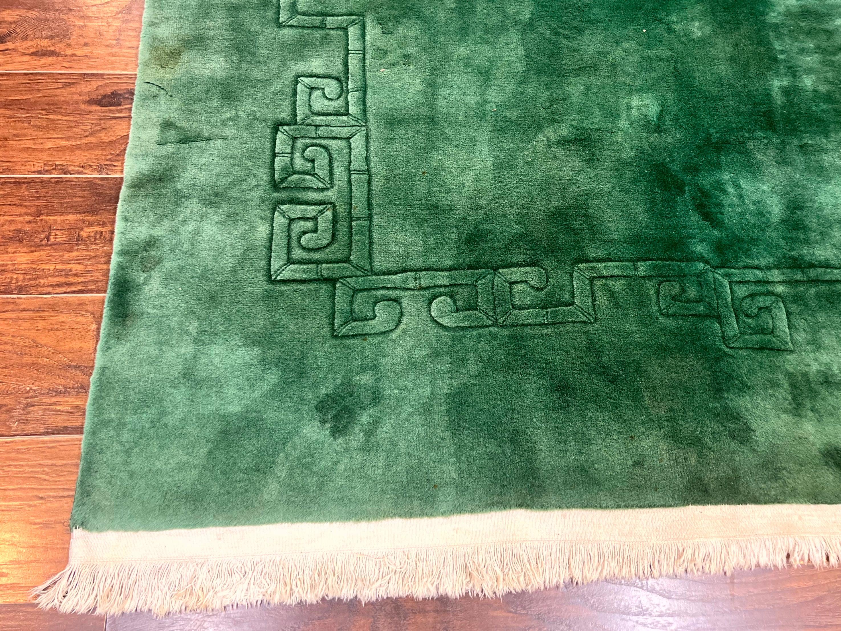 Green Chinese Art Deco Rug 9 x 11.6, Simple Design, Floral, Chinese Wool Carpet, Vintage Semi Antique, Nichols Rug, Handmade - Jewel Rugs