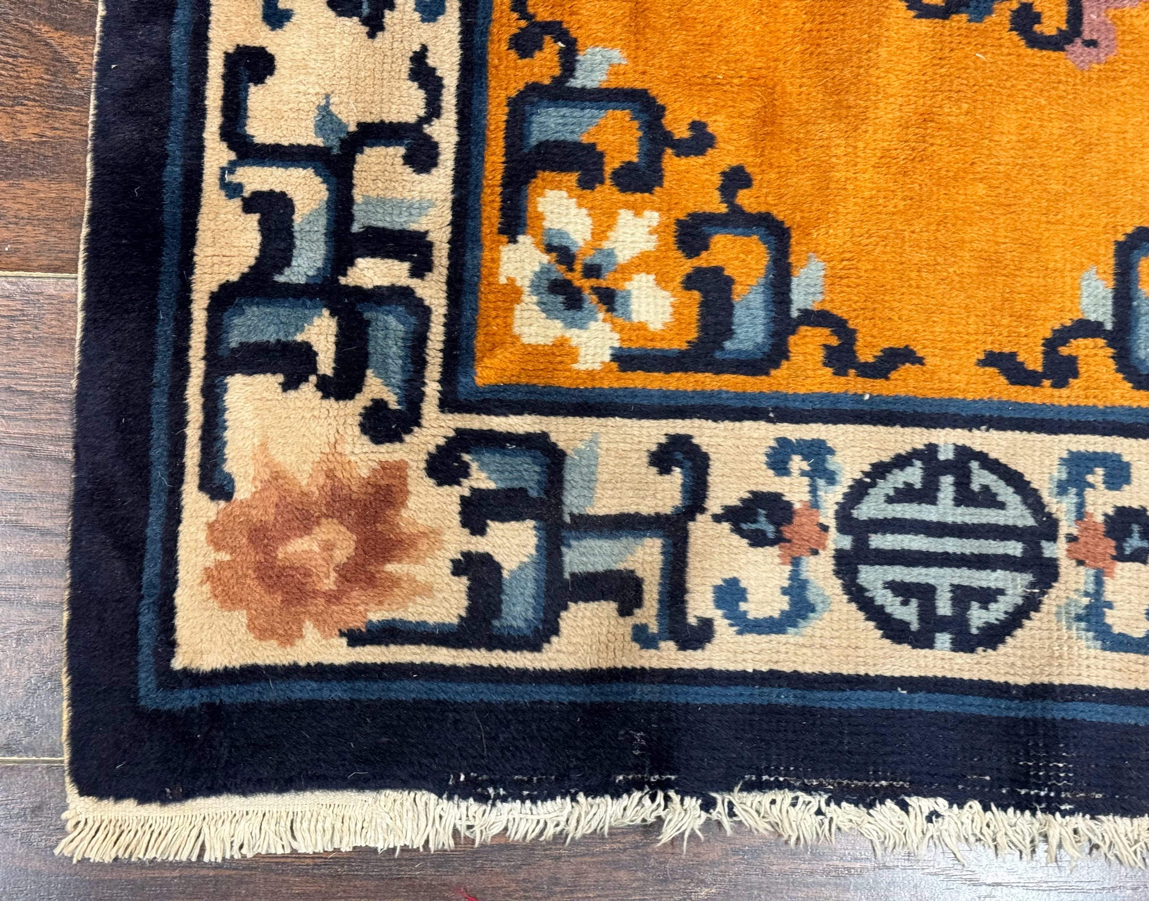 Chinese Peking Runner Rug 2x15 – Orange Ivory & Blue, Hand-Knotted Wool Antique Runner - Jewel Rugs