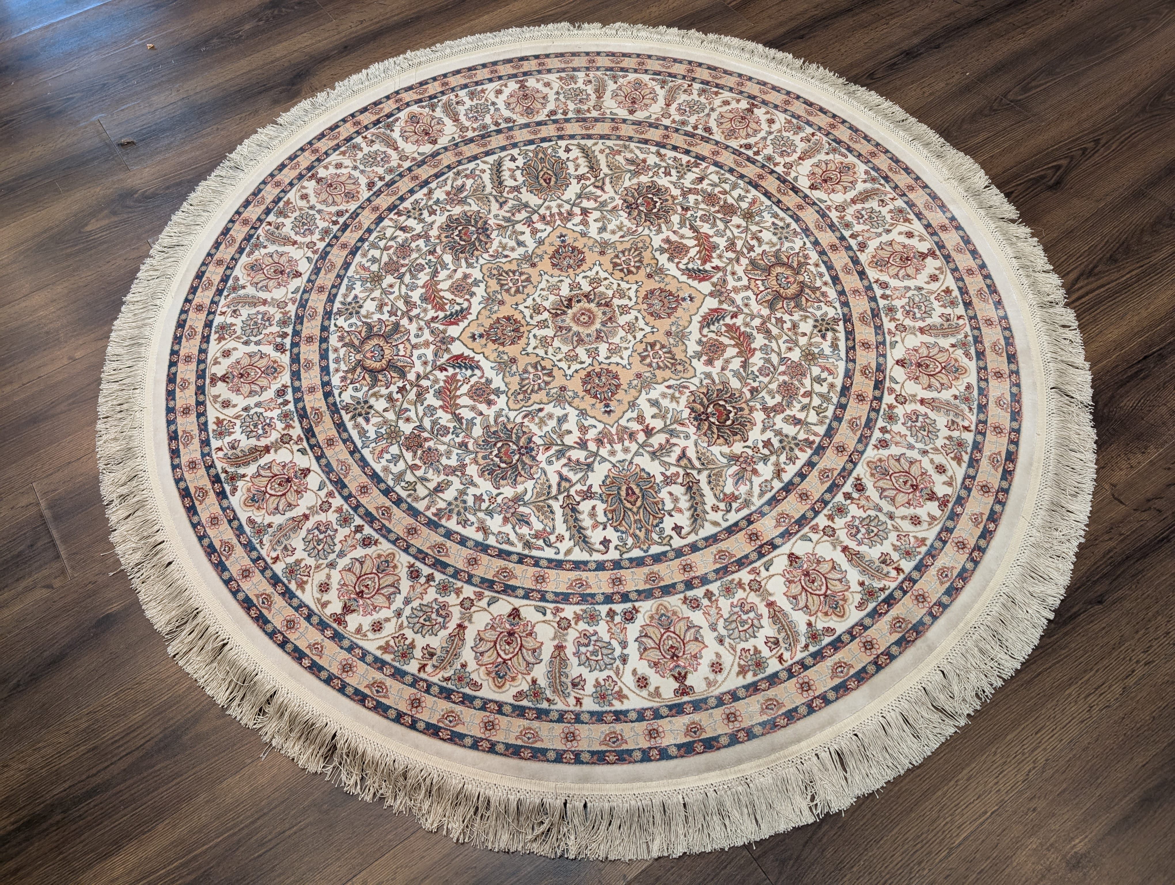Round Silk Rug 5x5, Turkish Silk Carpet, Ivory, New, Bamboo Silk - Jewel Rugs