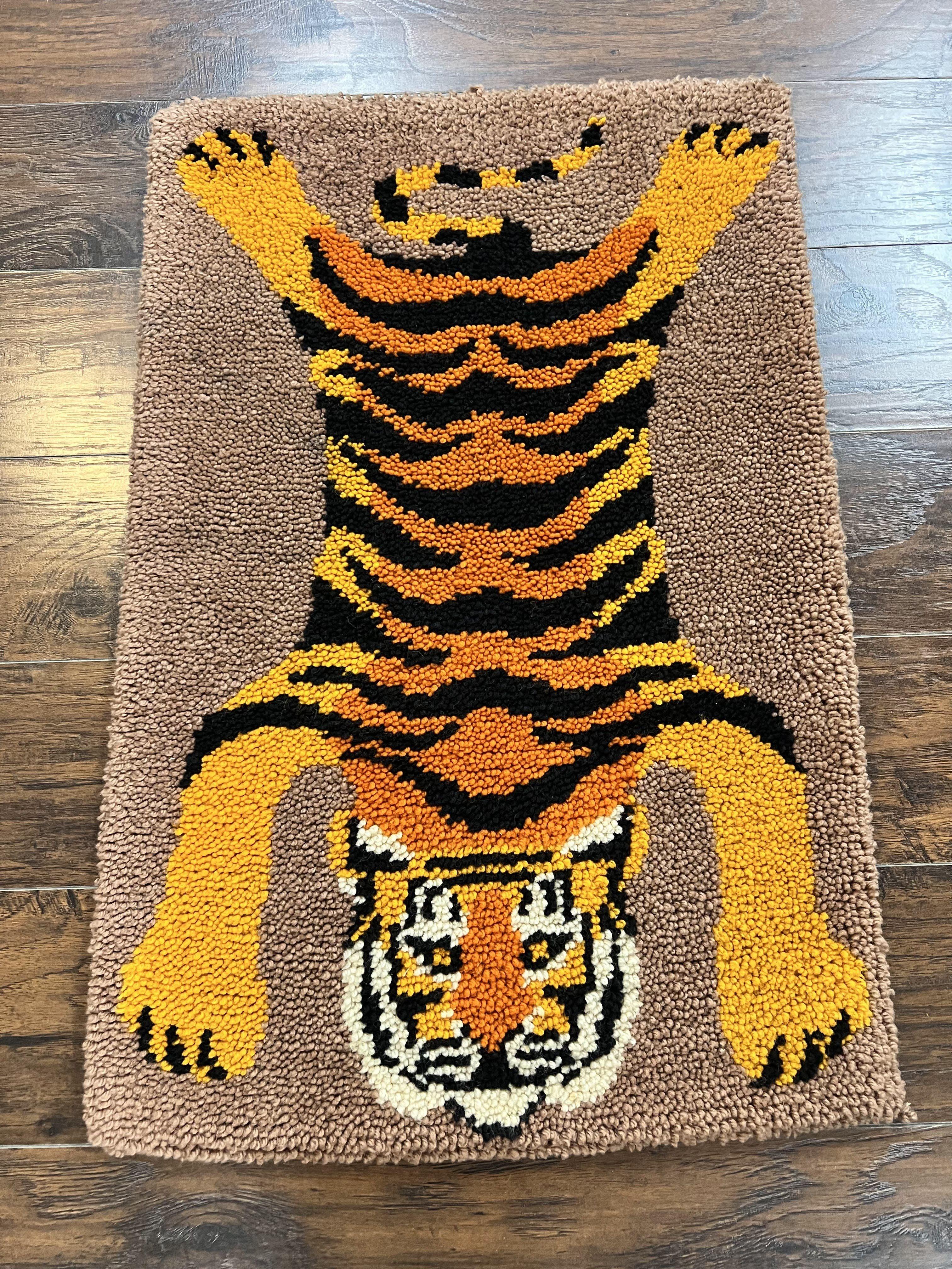 Small Hooked Rug 2x3, Tibetan Tiger Design, Wool, Unique Hooked Rug, Vintage - Jewel Rugs
