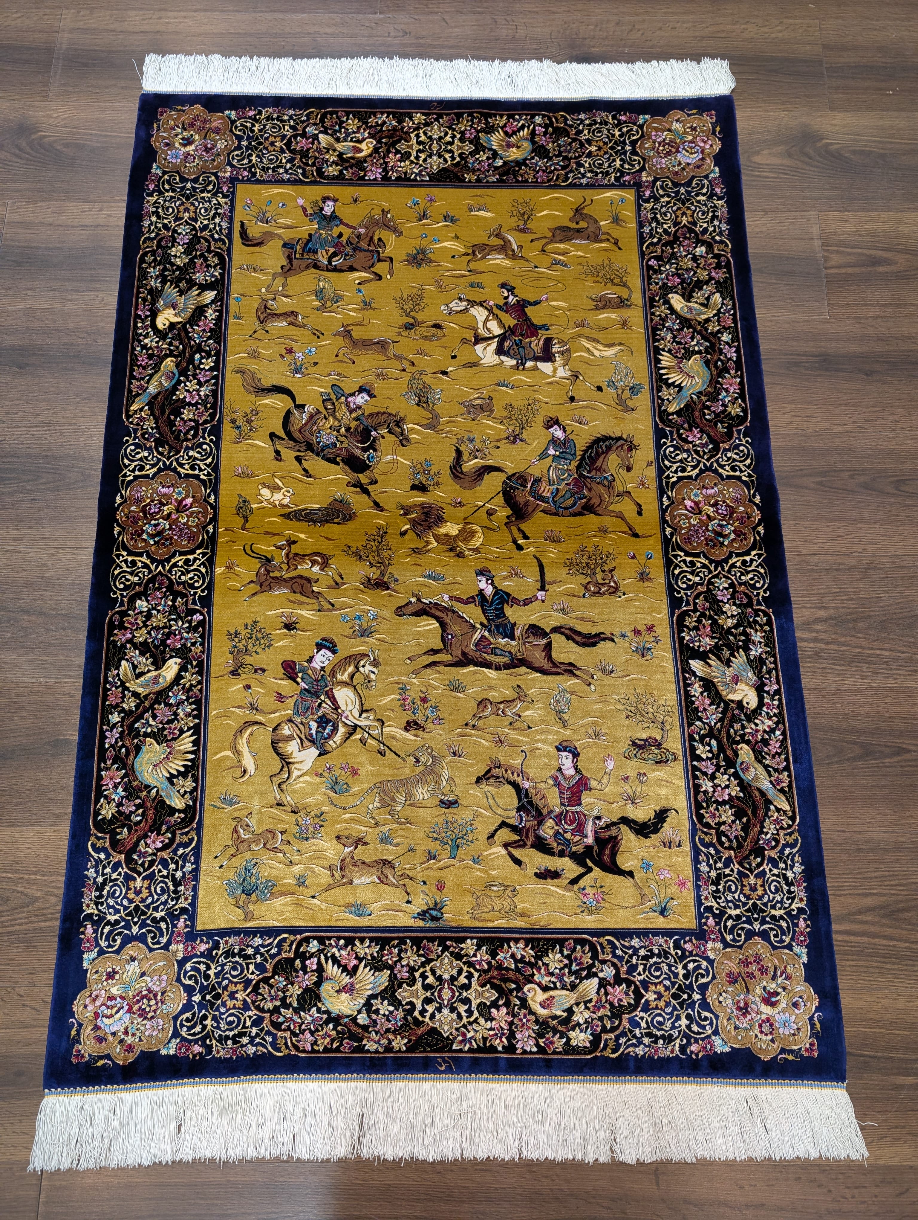 Hunting Pattern Silk Rug 3x5, Animal Pictorials, Persian Design Silk Carpet, Bamboo Silk, New - Jewel Rugs