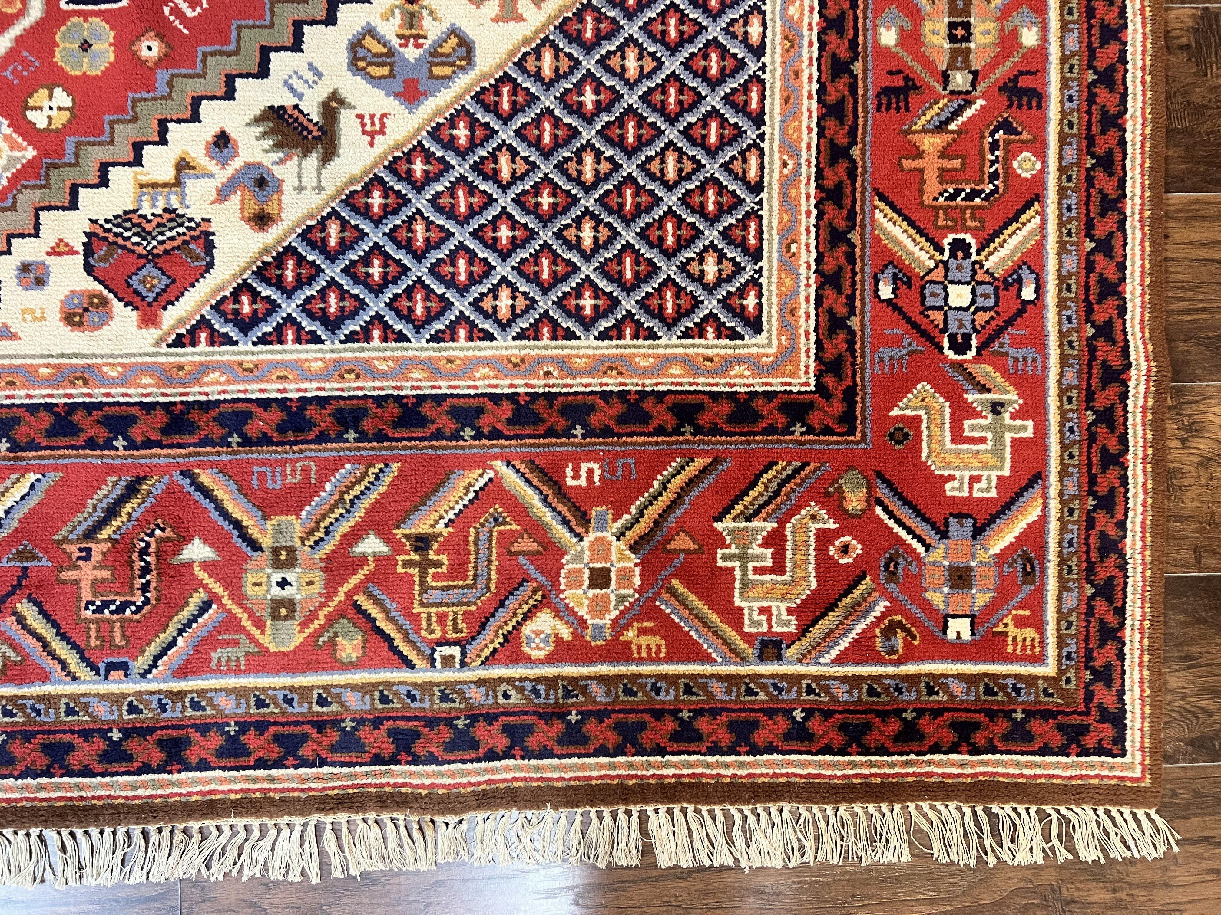 Belgium Power Loomed Rug 8x12, Geometric Medallions Persian Tribal Pattern, Vintage Wool Carpet, Ivory Red Blue - Jewel Rugs