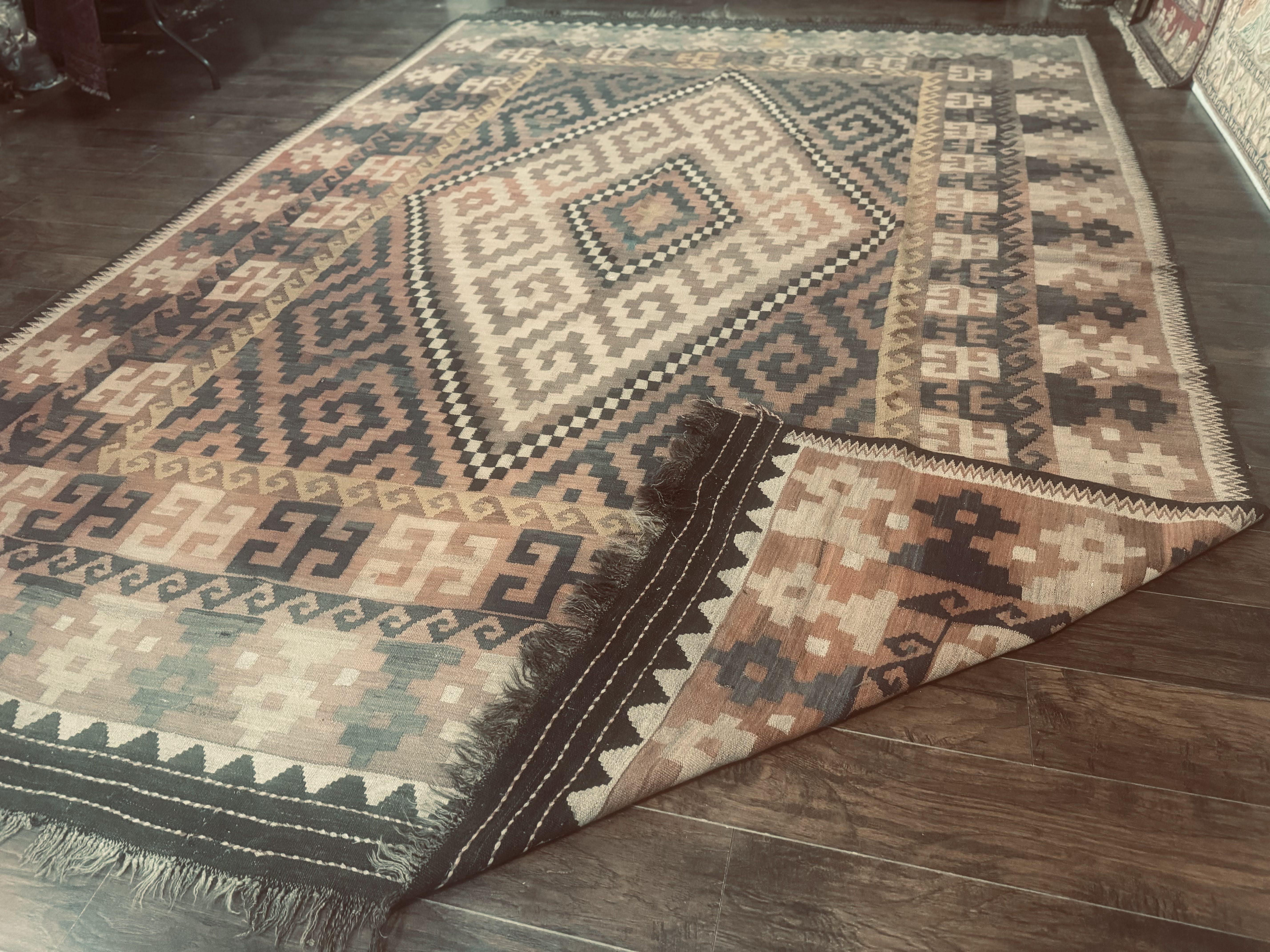 Antique Persian Tribal Kilim Rug 9x12, Zig Zag Pattern Kilim, Zarand Rug, Wool, Earth Tone Colors - Jewel Rugs