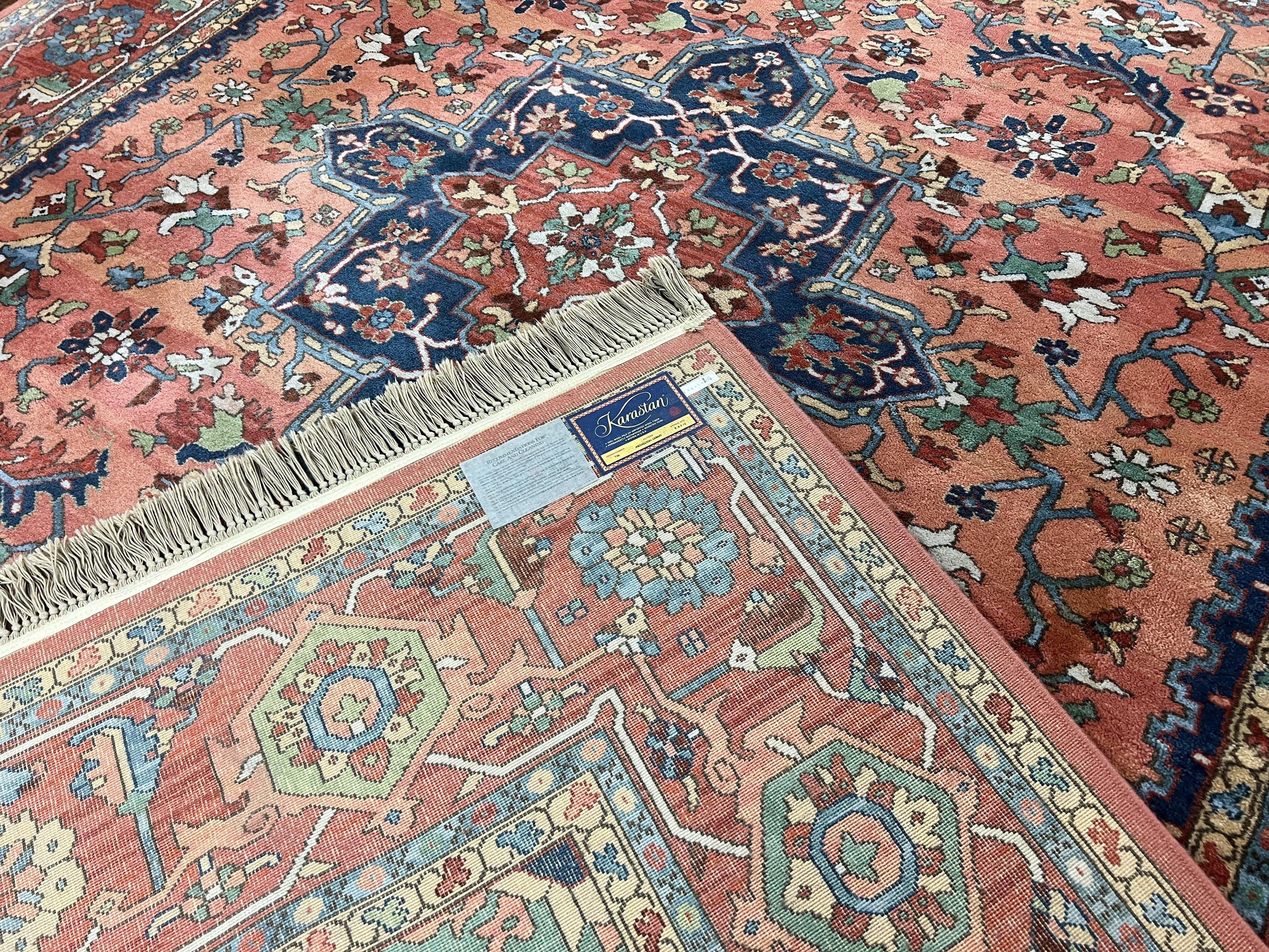 Karastan Medallion Serapi Rug #736, Vintage Wool Karastan Carpet 8.8 x 12, Discontinued Original 700 Series Karastan Area Rug, Red Blue - Jewel Rugs