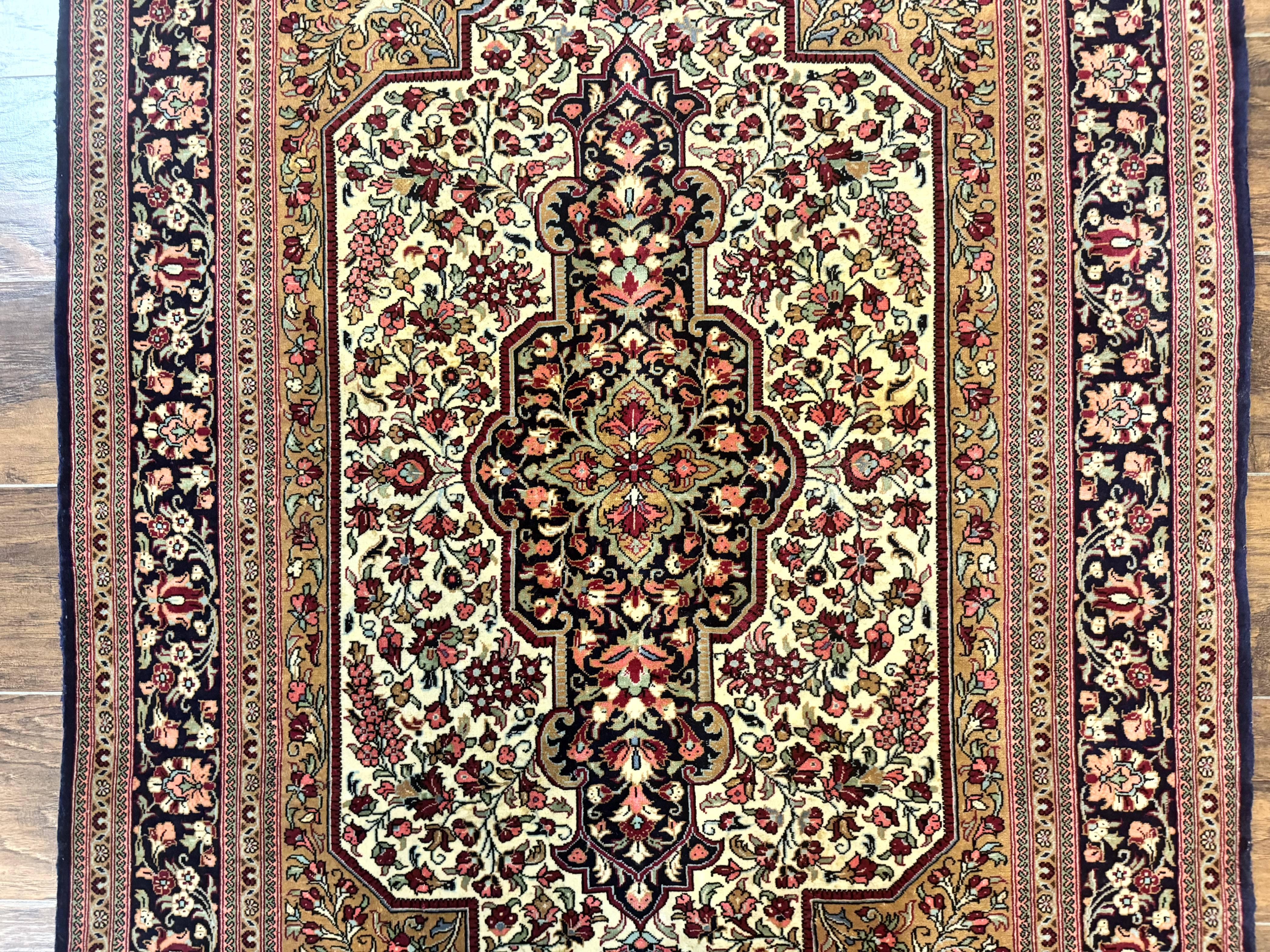 Persian Qum Rug 3.6 x 5, Kork Wool, Very Finely Hand Knotted 325 KPSI, Rare, Semi Antique - Jewel Rugs