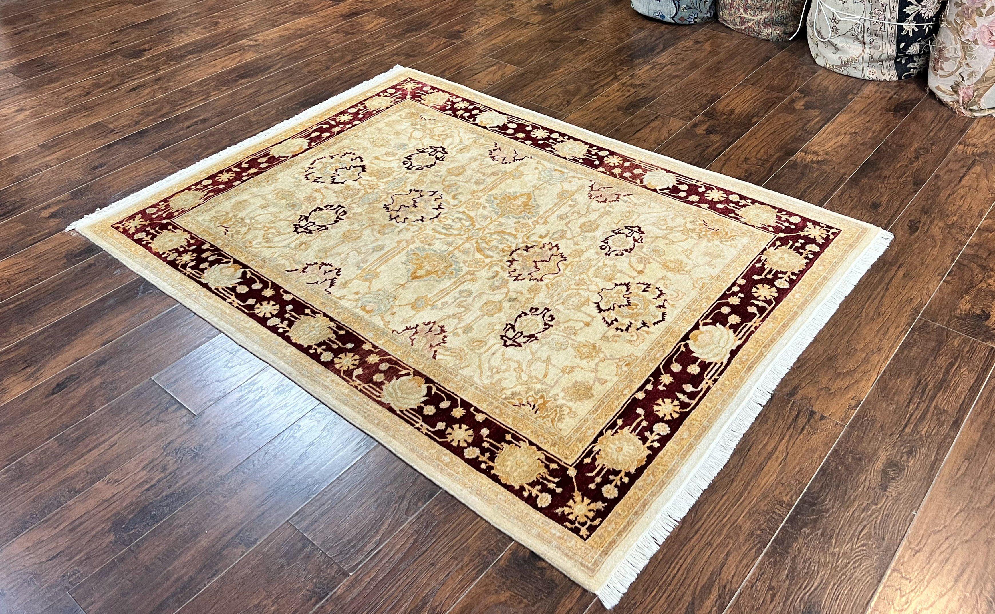 Peshawar Rug 5x7, Beige and Maroon, Vintage Handmade Wool Traditional Carpet 5 x 7 ft, Pakistani Rug, Agra Pattern, Very Fine 260 KPSI - Jewel Rugs